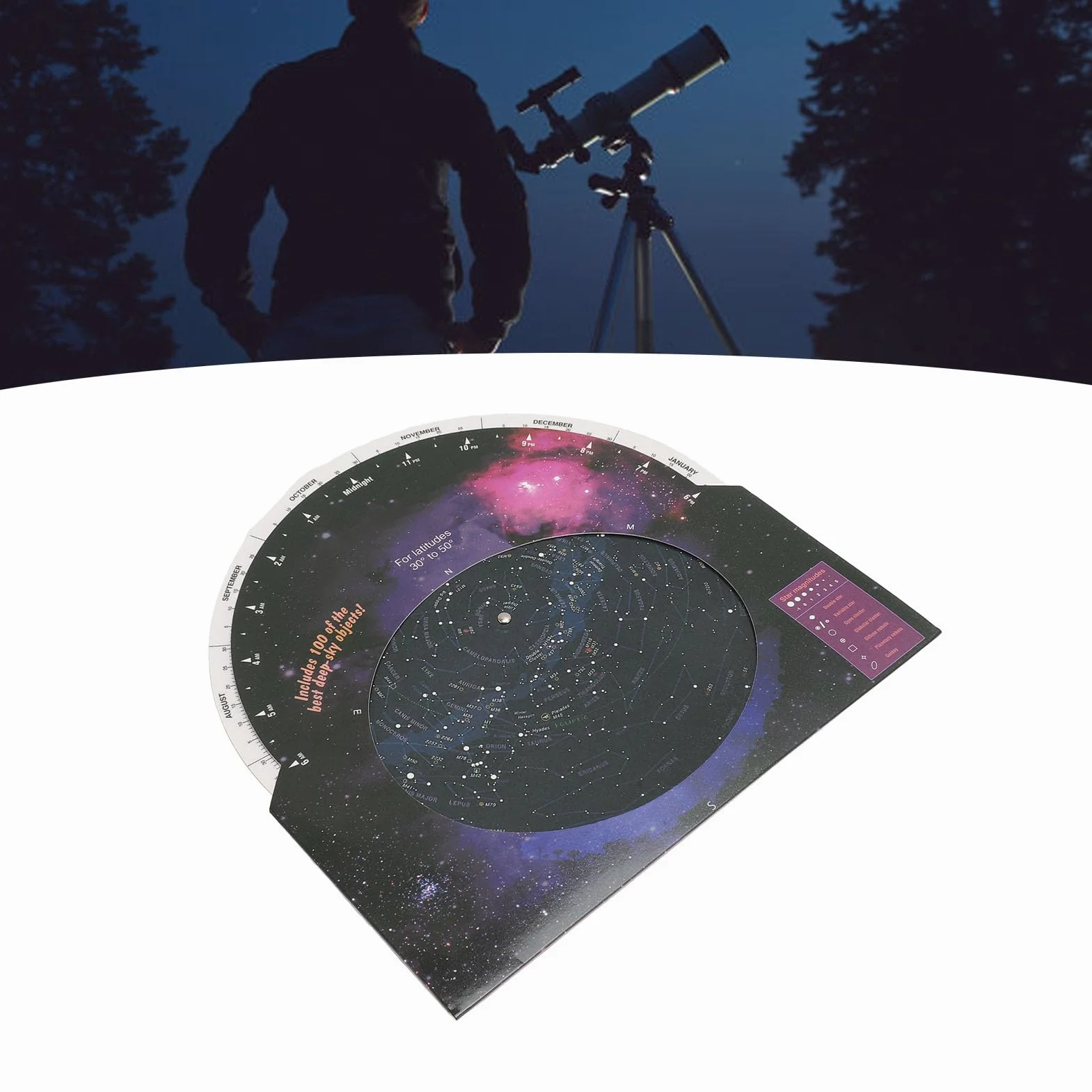Planisferio Star Target, Guía de Mapas Estelares de Astronomía con 100 Cúmulos de Estrellas, Nebulosas y Galaxias, para Observar Constelaciones, Estrellas Brillantes y Objetos