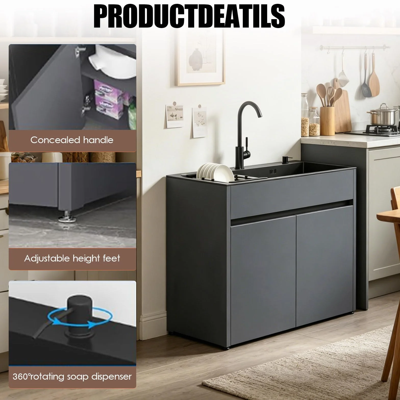 Mueble Fregadero con Cubeta de Acero Inoxidable Negro para Lavadero y Garaje, armario de almacenamiento de aluminio de panel de abeja con grifo, dispensador de jabón y cesta extraíble, ajustable