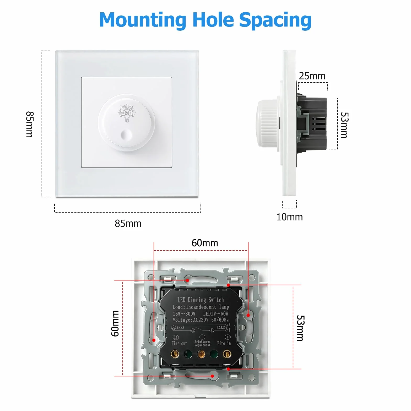 Interruptor Dimmer LED 220v, Regulador de Luz para LED Regulables de 1–60W / Halógenos de 15–300W, Dimmable Switch Protección Segura, Sin Ruido