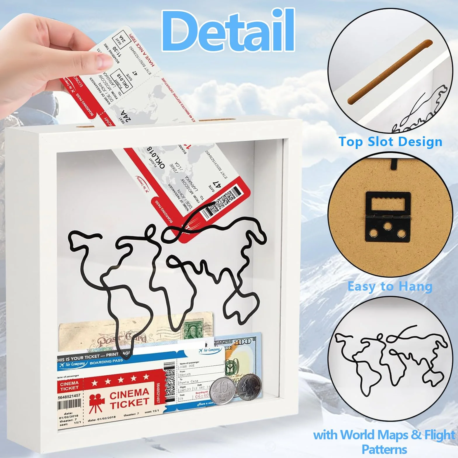 Shadow Box Frame 20x20cm Adventure Archive Box Wooden Memory Box Blanco