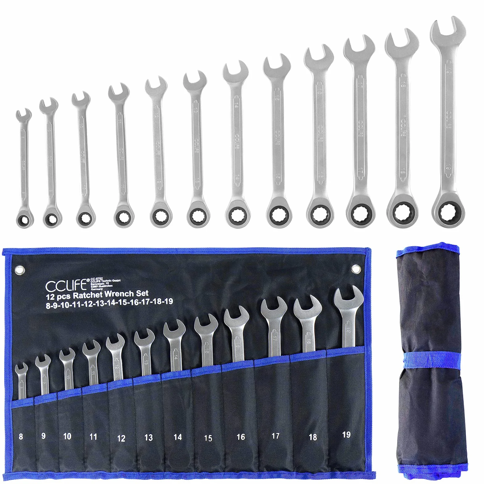 CCLIFE Juego de Llaves Fijas con Carraca combinadas de trinquete, 12 piezas 8-19 mm Cr-V 72 dientes