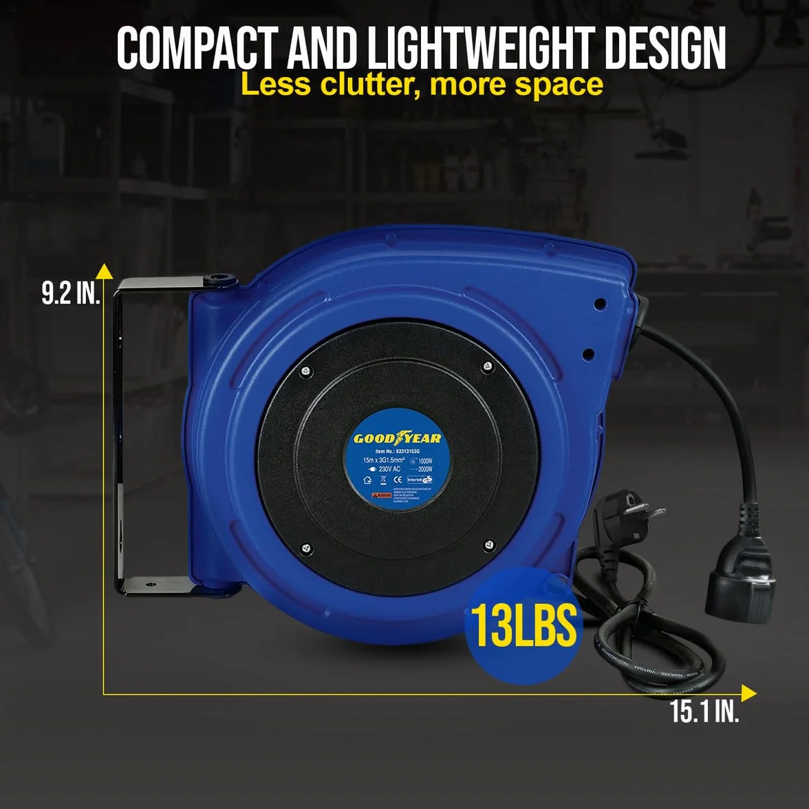 Goodyear Carrete de cable eléctrico automático Carrete de cable Carrete de cable de alto rendimiento 3G1,5mm² x 15 m con soporte giratorio Enrollado 1000W Desenrollado 2000W