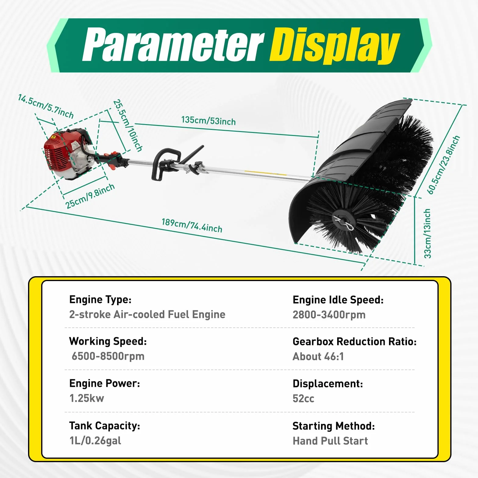 Barredora de 2 tiempos de 52 CC, escoba de motor de gasolina con gafas y correa para el hombro, 51 cm ancho de cepillo 1,25 kW removedor de nieve para césped artificial, adecuado para limpiar césped