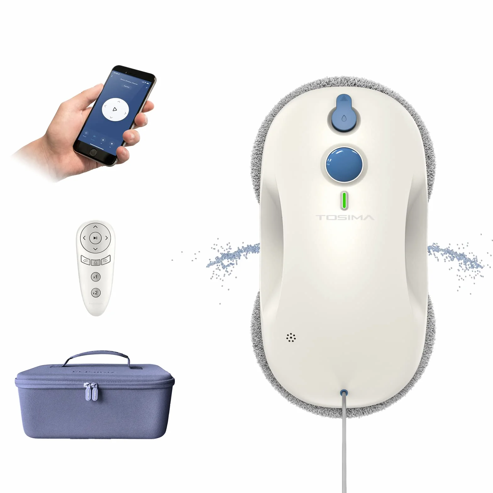 Tosima Robot Limpiacristales, Robot Limpieza de Ventanas Electrico, Sistema de Seguridad, Navegación Inteligente, Control Remoto, para Todas Las Superficies Lisas, con 12 Trapo (W3, White)