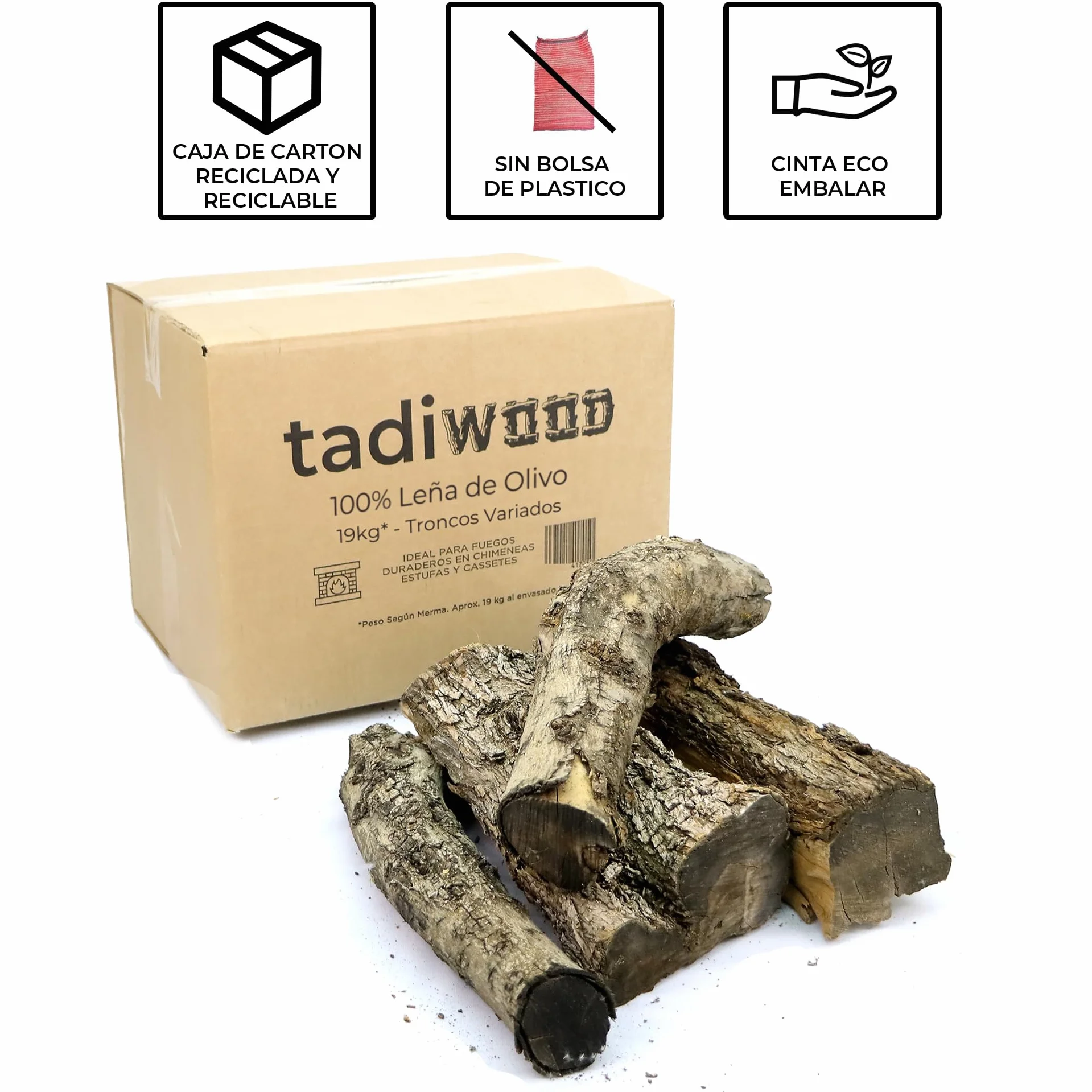 19kg Leña de Olivo, Troncos Medios. Ideal para hornos de Piedra y Todo Tipo de Chimeneas, Estufas y Cassetes. Enviada en Caja de cartón reciclada y reciclable.