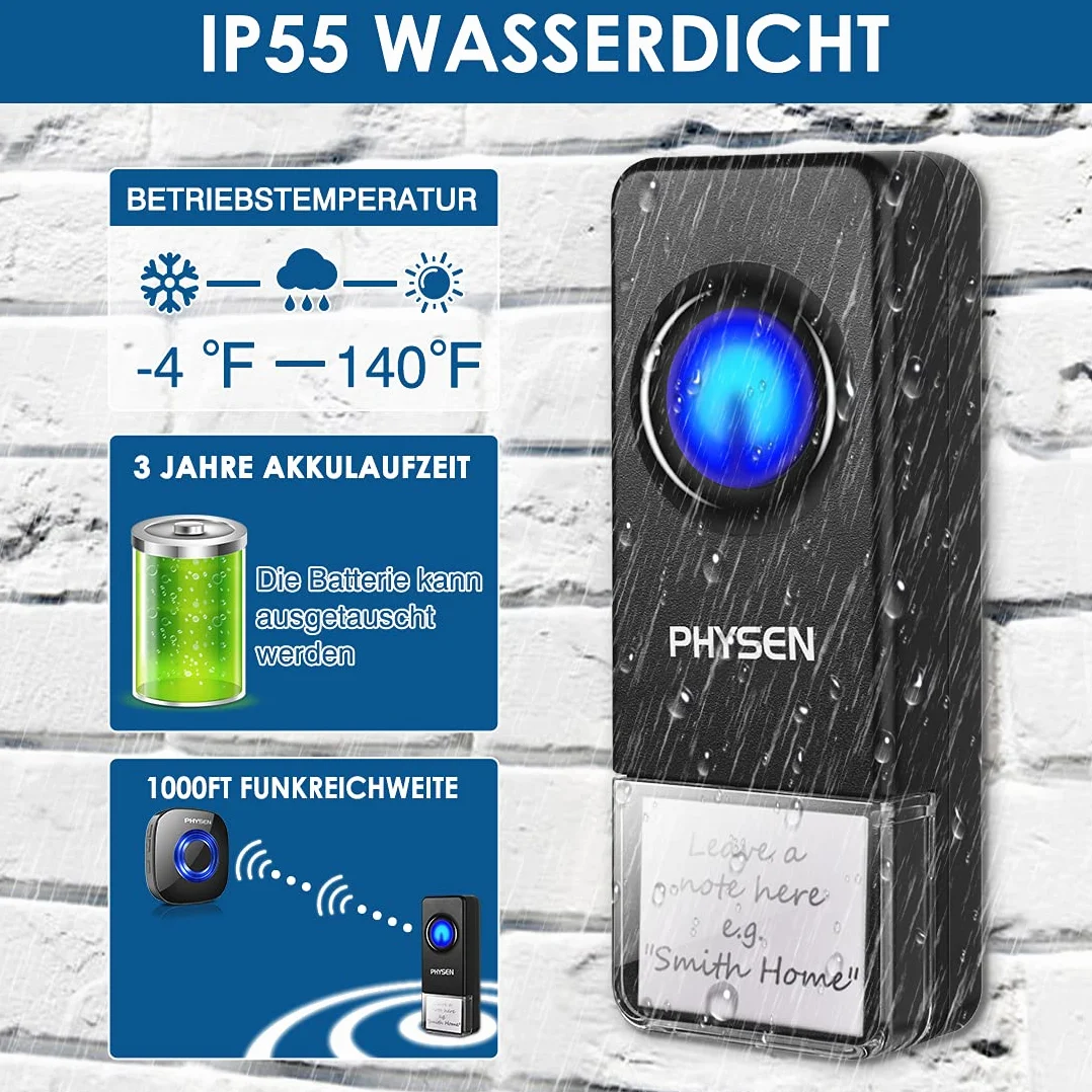 PHYSEN Timbre Inalámbrico Exterior Impermeable IP55, 400M Alcance Doorbell, Kit de Timbre con 3 Receptor + 2 Transmisor, 58 Melodías 5 Niveles de Volumen (0-110dB), Indicador LED, Fácil Instalación