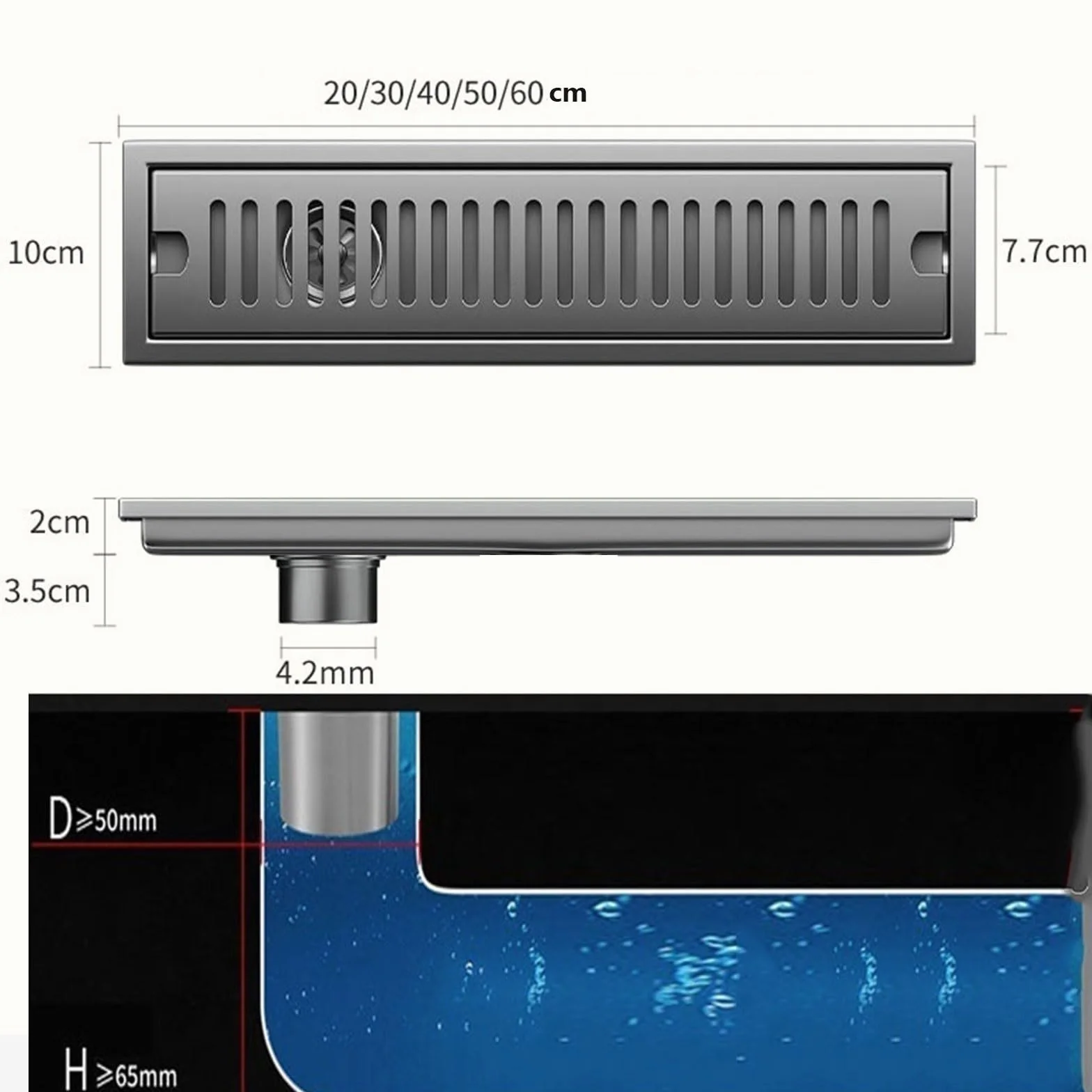Rectangular Desagüe de Ducha Lineal de Acero Inoxidable 304, Desagüe Lineal Desagüe De Suelo Cubierta Desmontable, Profesional Desagüe Lineal Desagüe De Suelo for Cocinas, Baños y Aseos(Chrome,60cm)