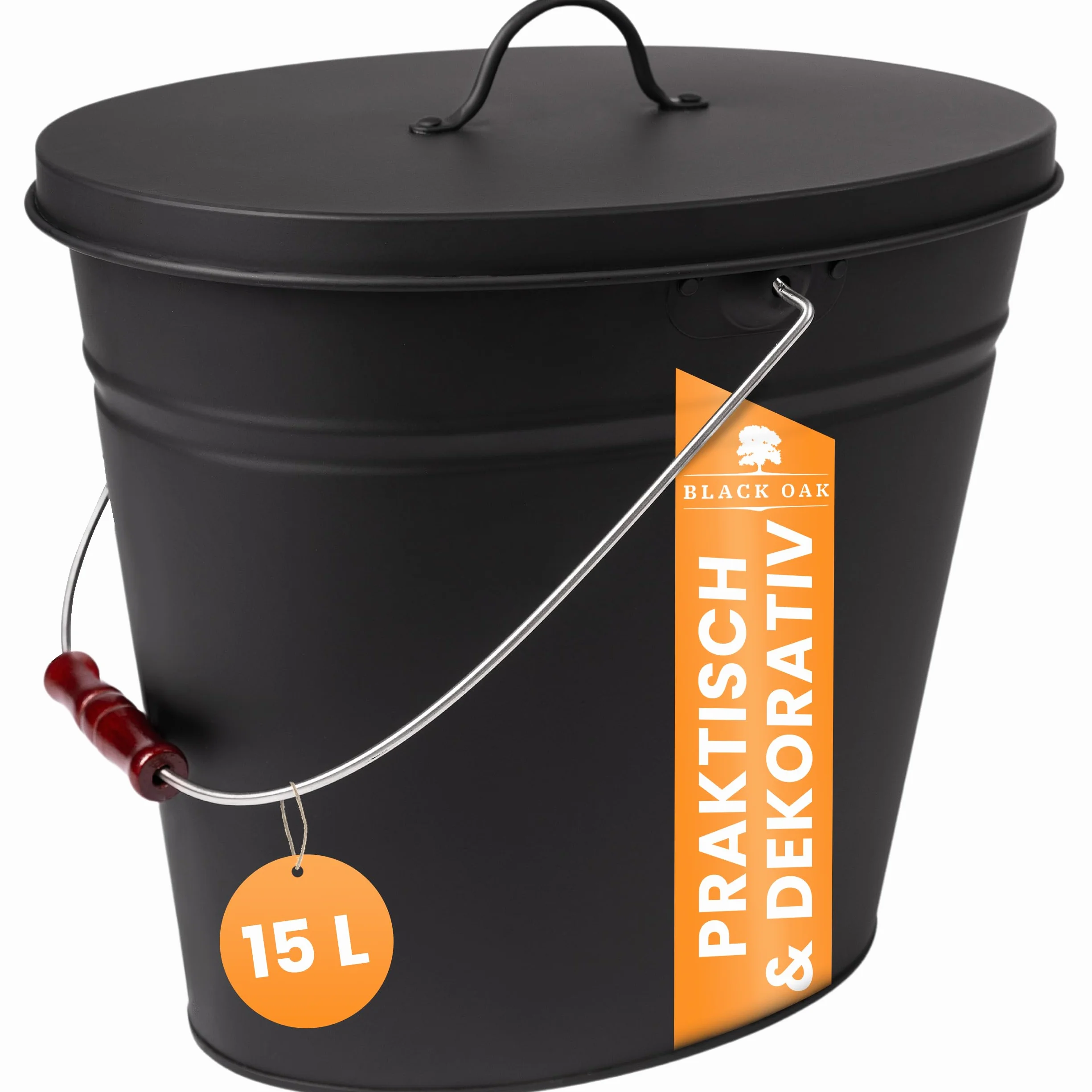 BLACK OAK Ascheeimer Vesuvio 15L – negro ovalado con tapa - grande 15 litros - acero resistente al fuego galvanizado y con recubrimiento en polvo, cubo para cenizas y carbón, accesorio ideal para