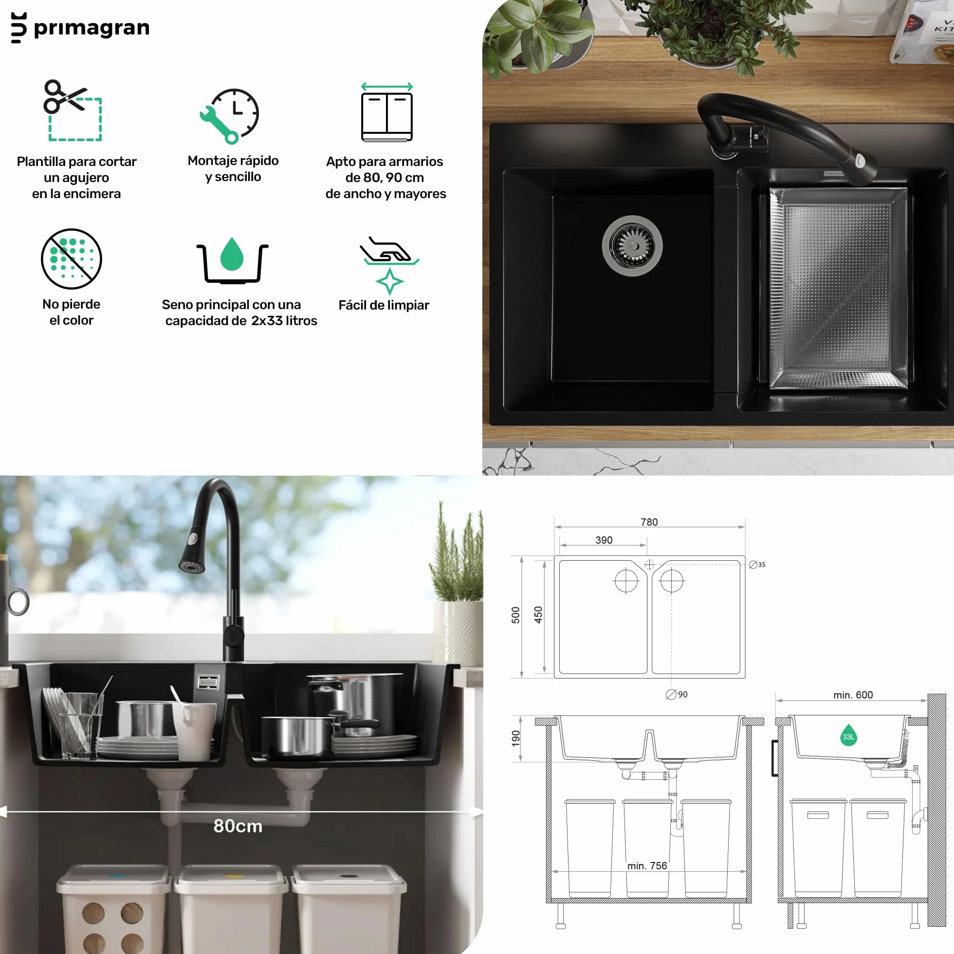 PRIMAGRAN Fregadero Cocina Negro 78x50cm, Granito 2 Senos + Sifón, Sobre Encimera al Mueble 80cm - Madrid Twin S001