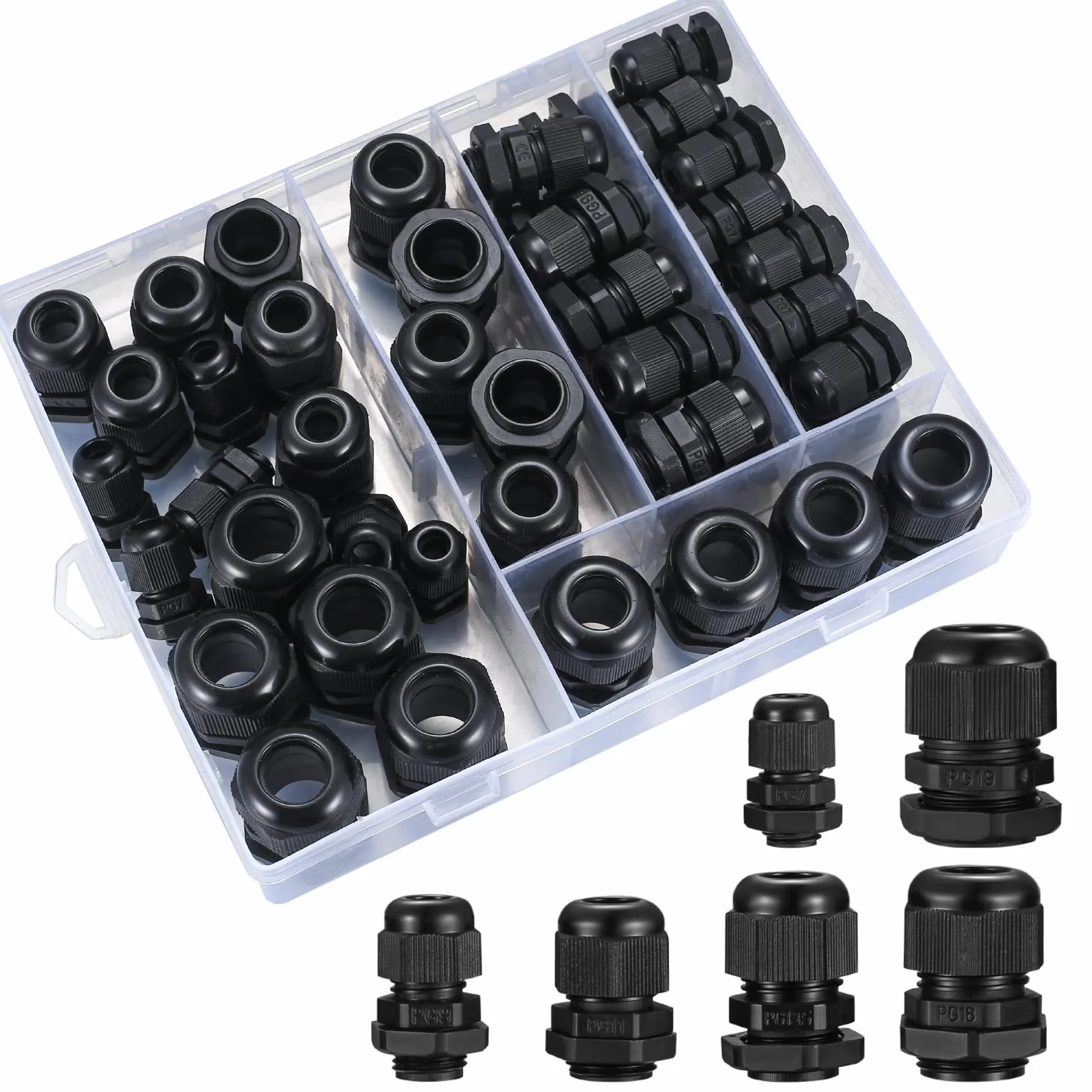50 Piezas Conectores de Cable Impermeable IP68 Prensaestopas Ajustable PG7/9/11/13.5/16/19 Negro