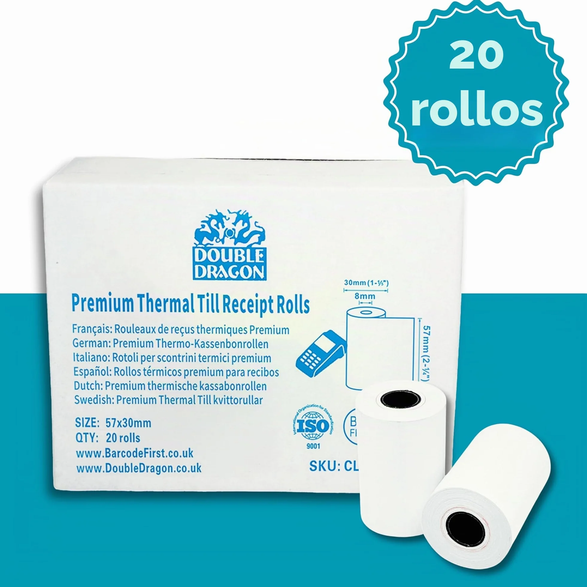 Rollos de Papel Térmico Double Dragon 57 x 30 mm para Recibos PDQ | Libre de BPA | Compatible con Impresoras SumUp, Ingenico, PayZone, Verifone, Clover, Terminales Zettle – 20 Rollos