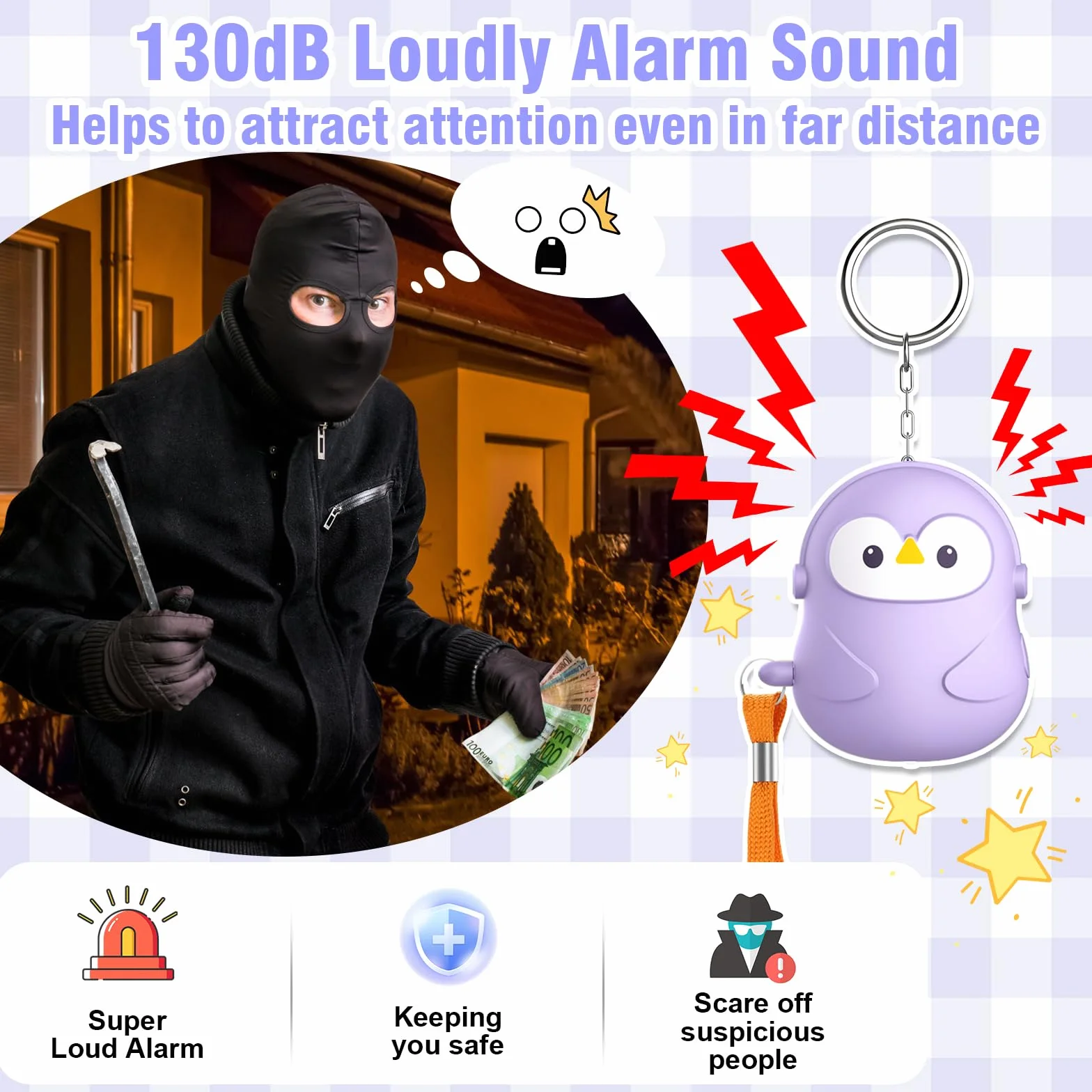 Alarma Personal 130 dB para Mujeres, Alarma de Emergencia para Defensa Personal, Llavero Antiviolación y Sirena con Luz LED para Hombres Ancianos Niños