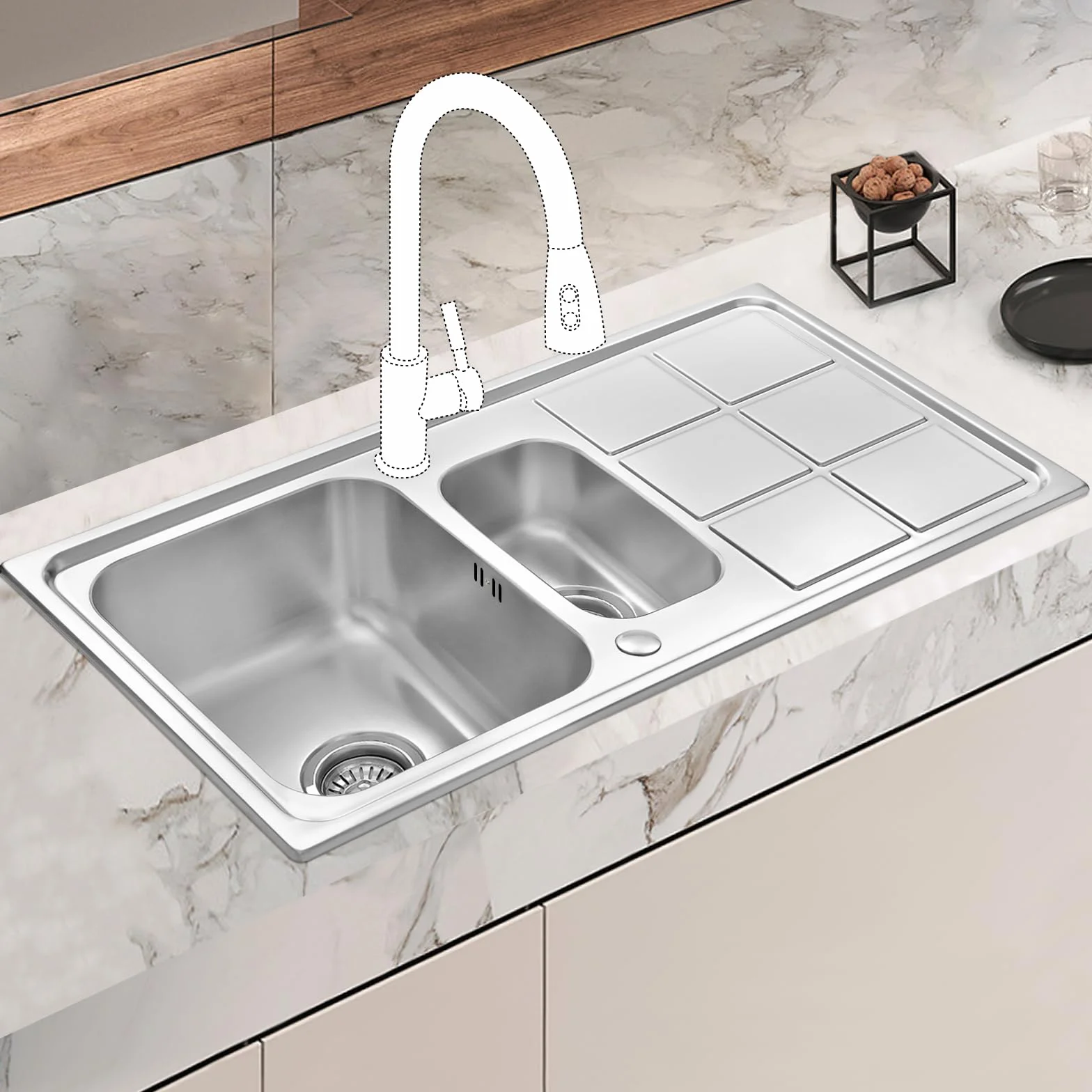 JASSFERRY Fregadero de cocina 1,5 senos, de Acero Inoxidable, escurridor reversible, con colador de residuos