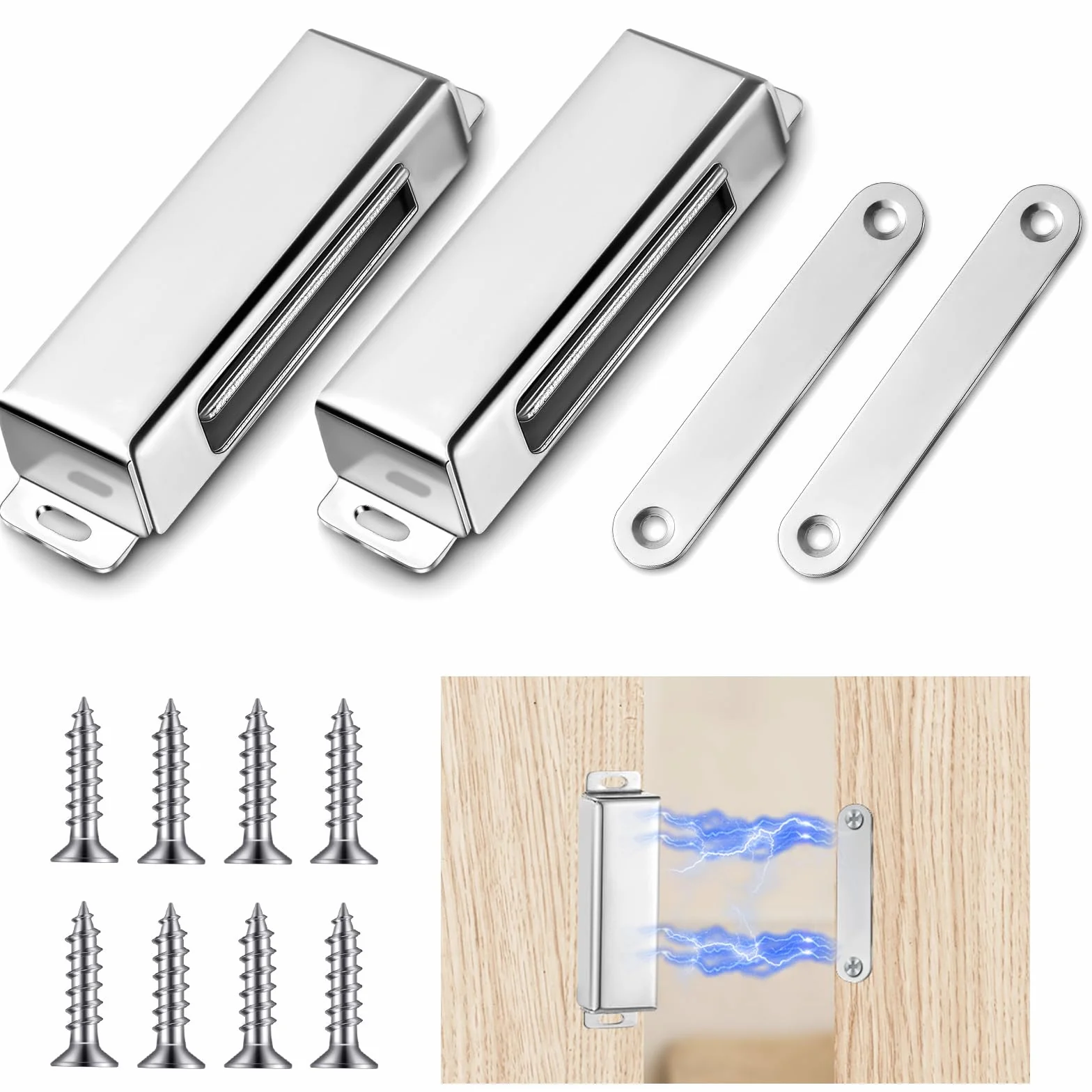 Yaocom 2 cierres magnéticos para puerta, 150 libras, acero inoxidable, resistentes, fuertes imanes magnéticos para armario, armario, cocina, baño, habitación automática (2.95 pulgadas)