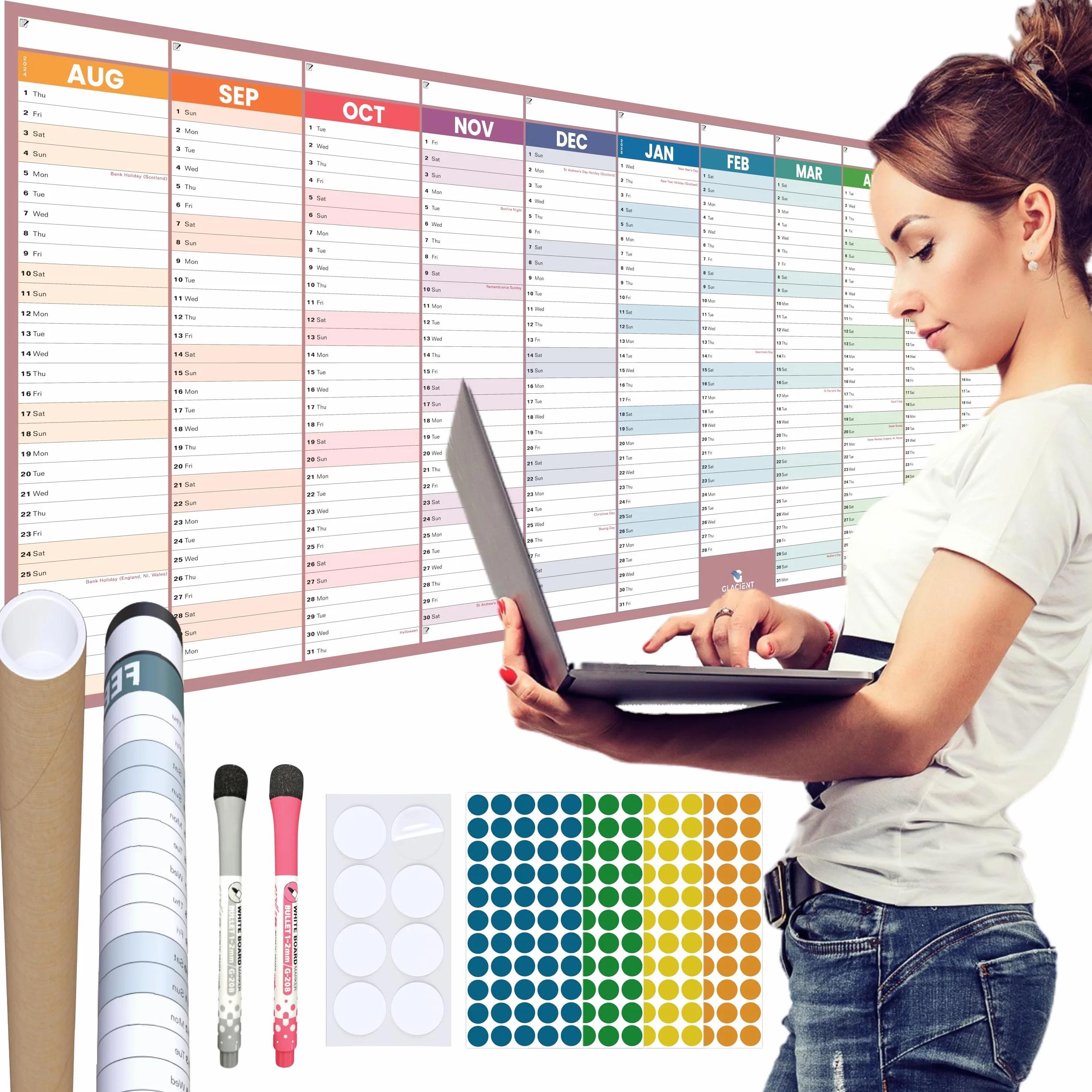 Planificador de pared 2024-2025 118x42 cm laminado grueso calendario mitad de año