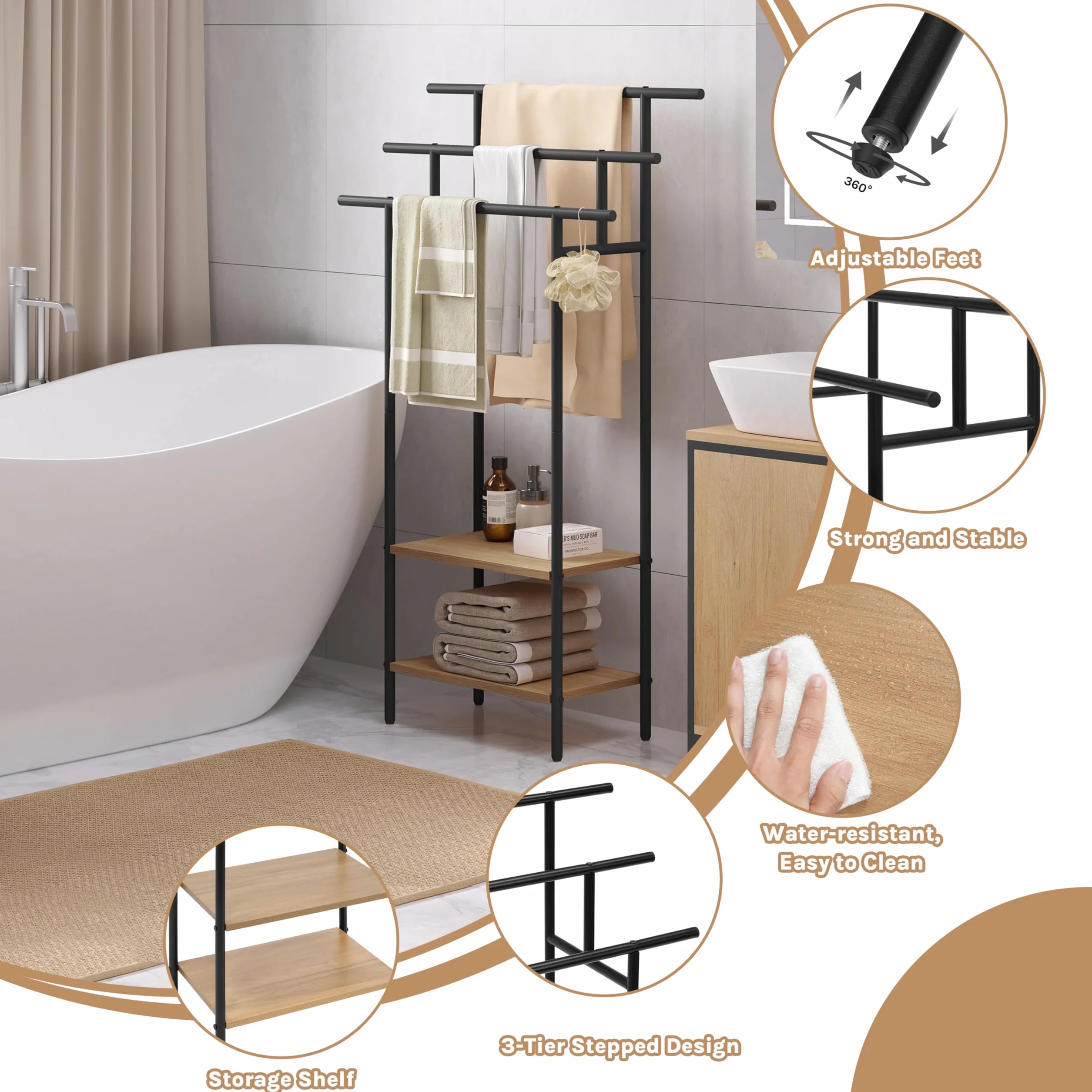 EUGAD Toallero de Baño de Pie, Soporte Toallas con 3 Barras y 2 Estantes, Gran Espacio de Almacenamiento, Toallero Escalera de Madera y Metal, Negro+Roble Claro