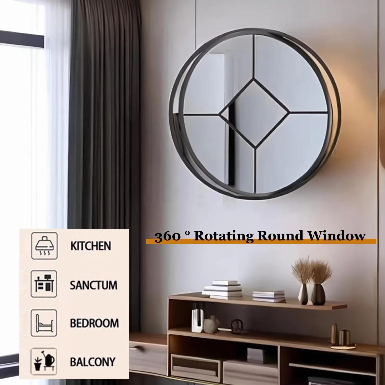 Ventana Redonda de Metal empotrada con Vidrio Templado, rotación de 360°, Eje Central y manija, ventilación e iluminación, Ventana Horizontal (Negra, 70 cm/27,6 Pulgadas)