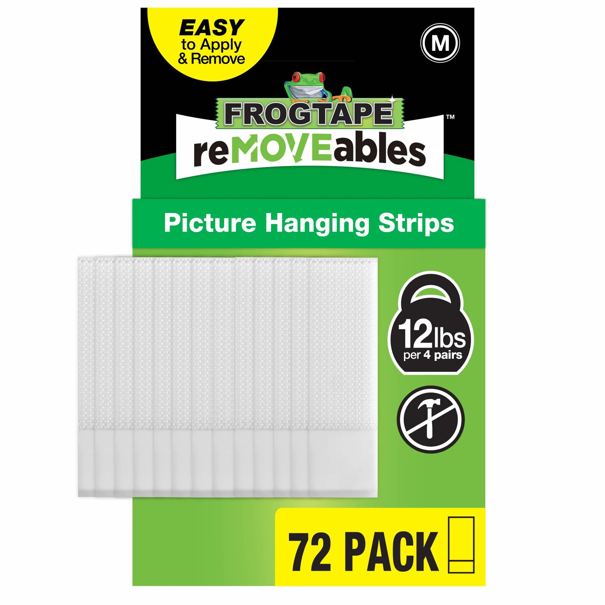 FrogTape reMOVEables - Tiras medianas para colgar cuadros, tiras adhesivas extraíbles sin daños, ganchos de fotos, montaje en pared para marcos, lienzo, decoración del hogar, blanco, 72 pares (144