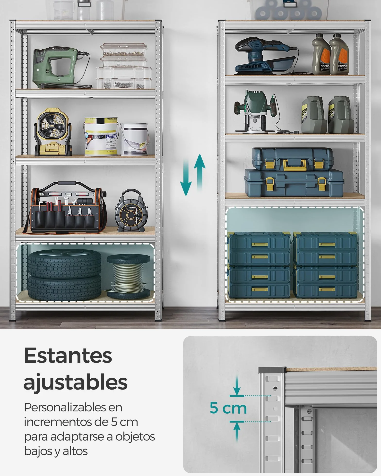 SONGMICS Estantería de 5 Niveles, 200 x 100 x 50 cm, Carga de 875 kg (175 kg por Nivel), Estantería para Cargas Pesadas, Estante Ajustable en Altura, para Garaje, Sótano, Plata GLR050E01