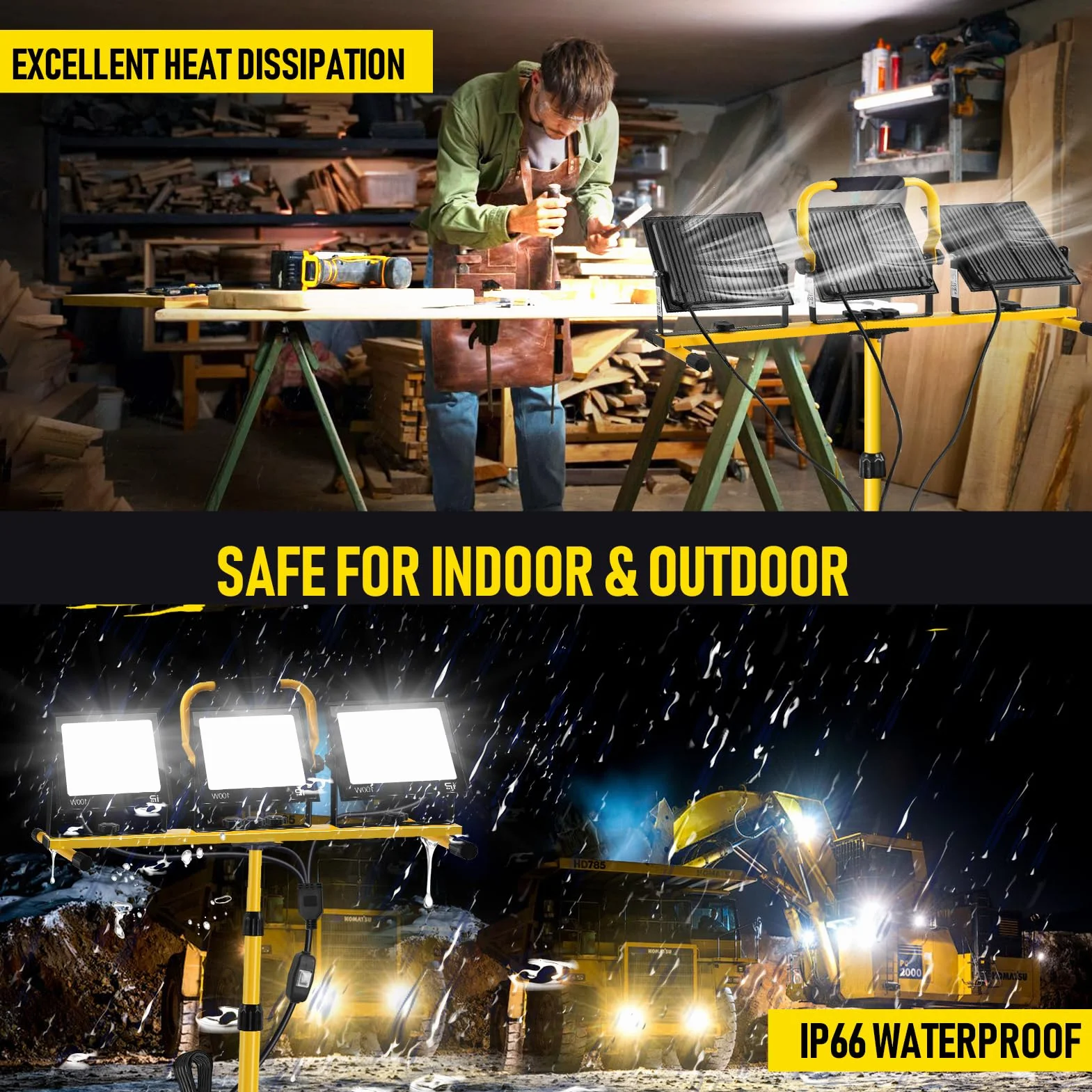 Foco de Trabajo LED 300W con Trípode Telescópico, 30000LM 6500K Foco de Trabajo LED con Enchufe Cable de 3m, Rotación de 360°, IP66 Impermeable Luz de Trabajo para Taller, Obras, Garaje