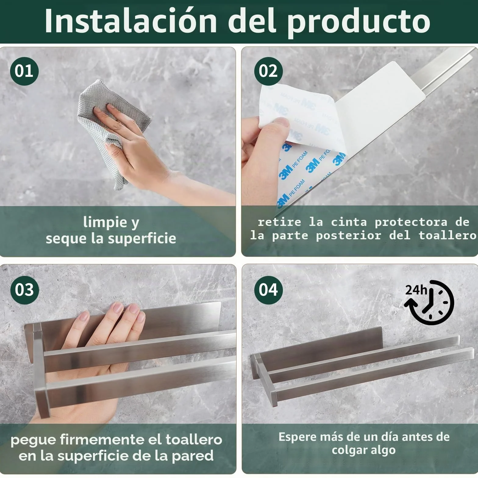 Vista Toallero Adhesivo Baño de Acero Inoxidable SUS304 Toallero Pared Resistente y Duradero 40cm Plata