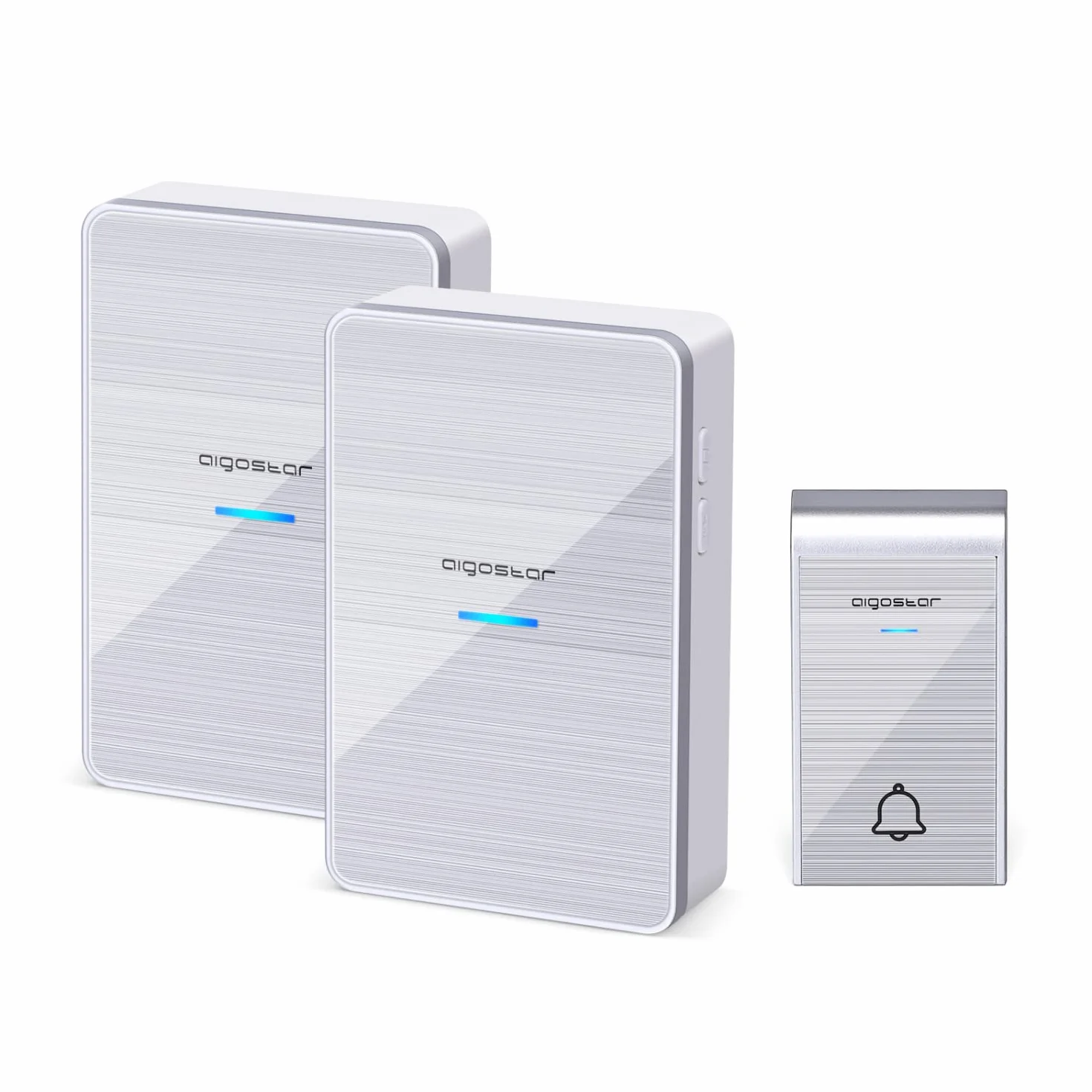 Aigostar Timbre inalámbrico con 2 Receptores, Timbre de Puerta con Indicadores LED, Impermeable IP44 para Interior y Exterior, 3 Niveles de Volumen y 36 Melodías, Plata
