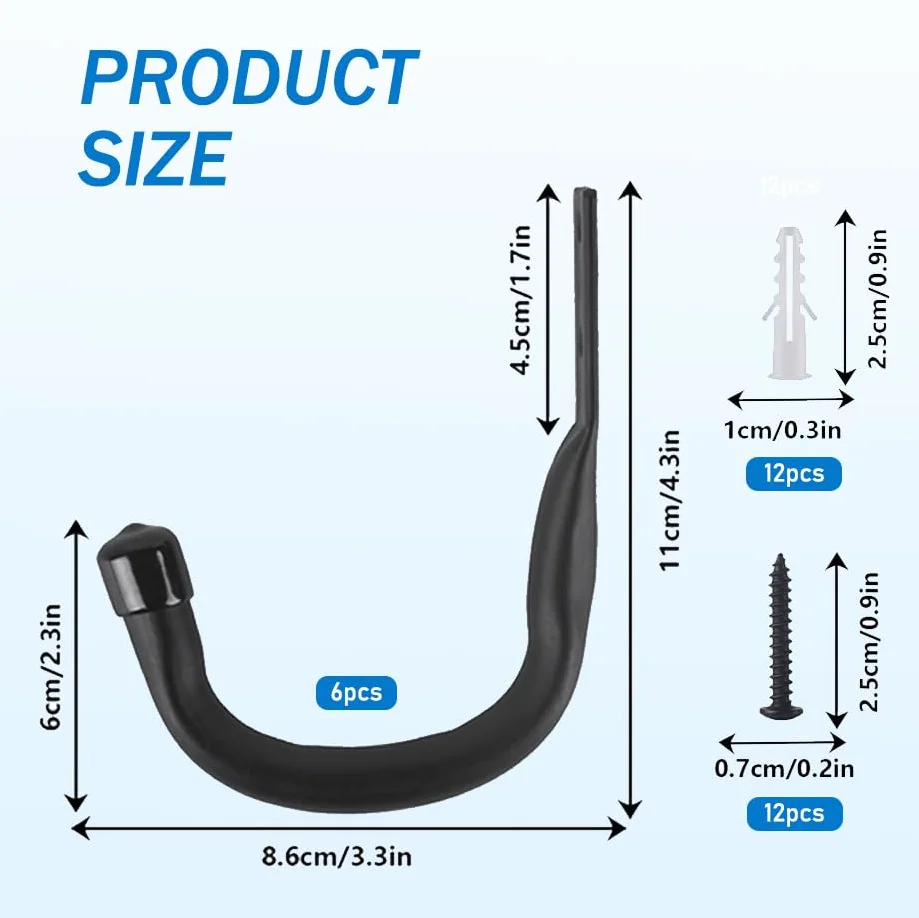 6 Pcs Gancho Pared de Garaje Resistentes, Gancho Bicicleta Ganchos para Colgadores de Pared Negro, Soporte Ganchos en J para Herramientas de Jardín Eléctricas