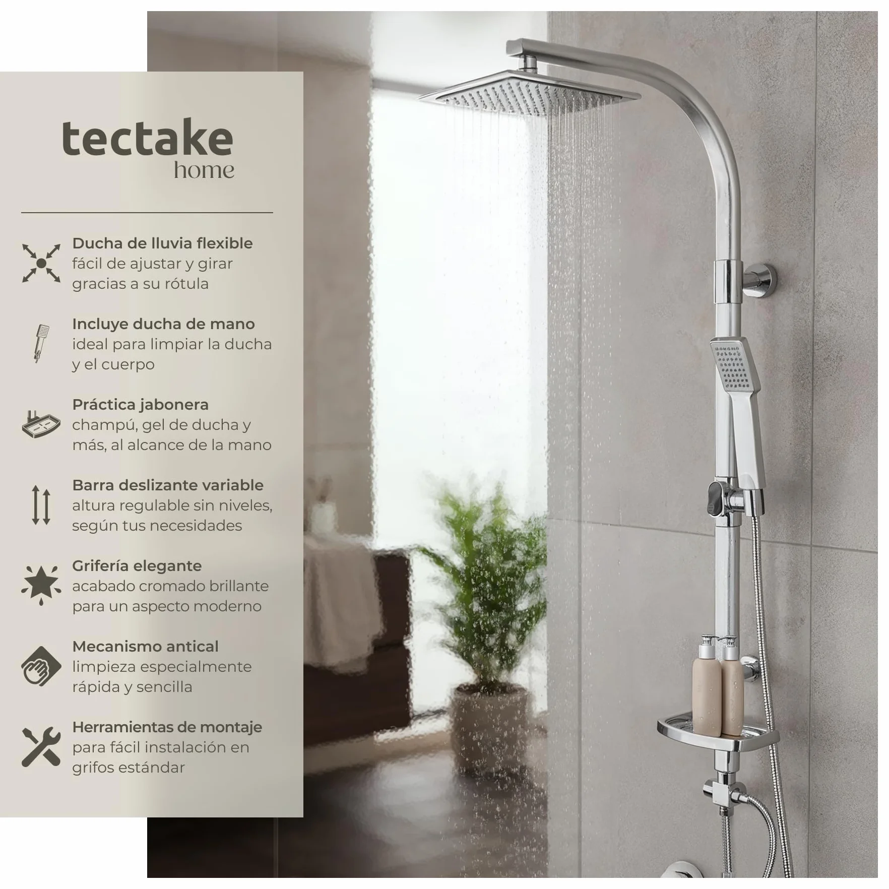 tectake® Conjunto de Ducha con Rociador de Hidromasaje de Aluminio con Grifo Ducha, Duchas de Baño con Alcachofa con Junta Esférica, Bandeja y Barra Regulable, Columna Hidromasaje - Gris