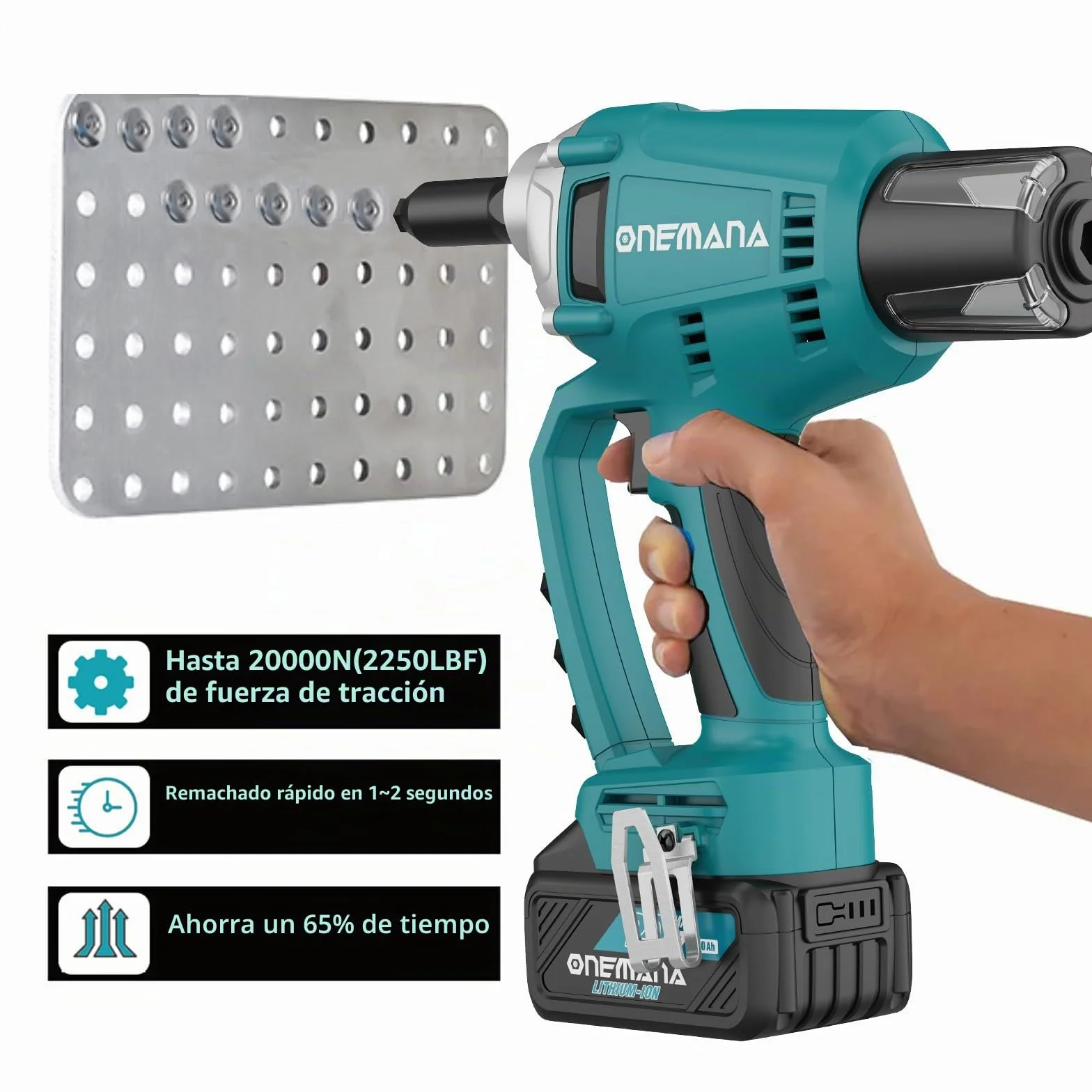 Pistola Remachadora Inalámbrica Batería, ONEMANA Pistola de Remache Eléctrica sin Escobillas 20000N 480RPM, Pistola de Tuerca de Remache Automático con LED（Remachadora Solo Cuerpo）