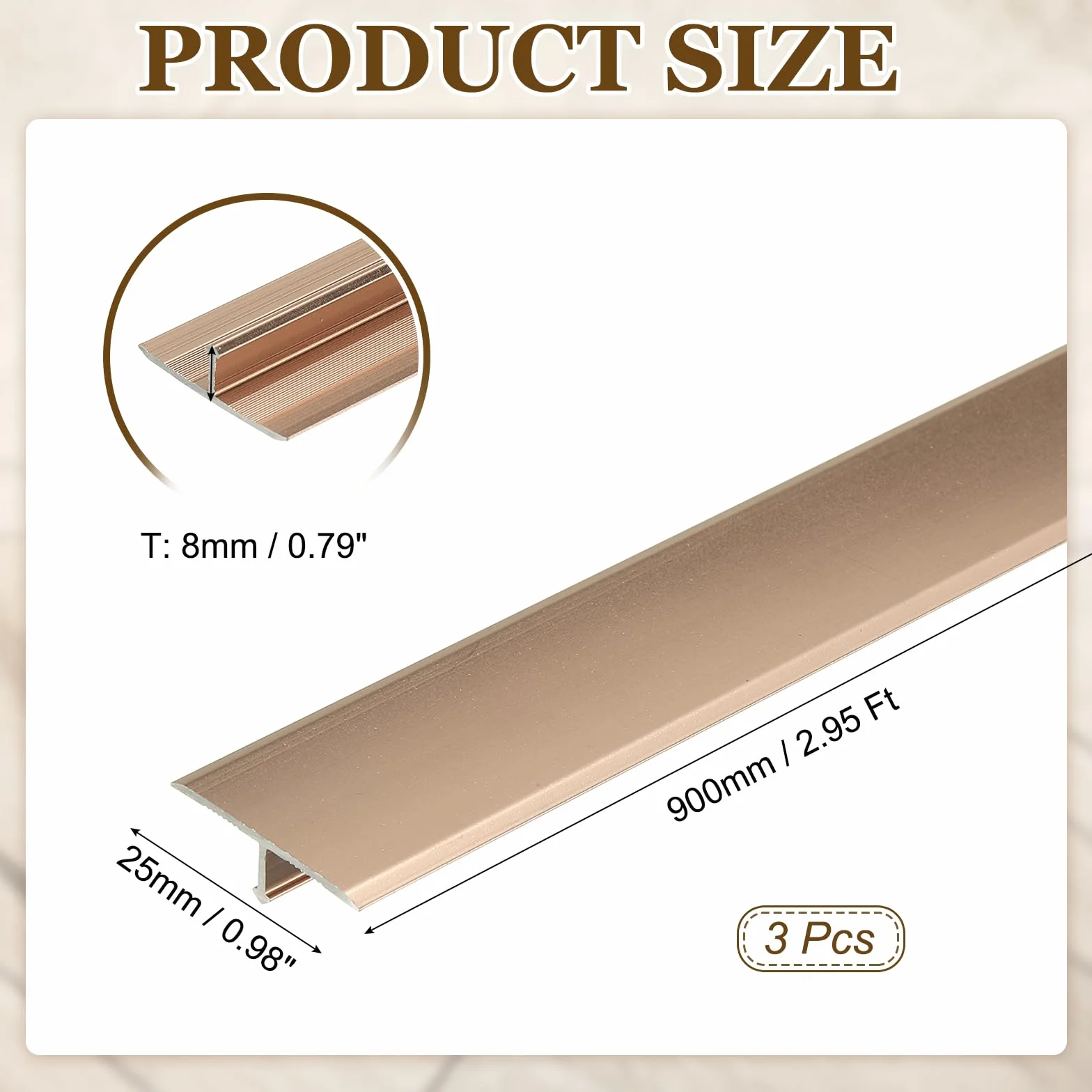 QUARKZMAN 3 Piezas De Tiras De Transición T-Molding, 0.9m x 25mm (L x A) Tira Divisora Plana De Suelo De Aleación De Aluminio Para Revestimiento De Vinilo, Bordes, Color Rosa Dorado