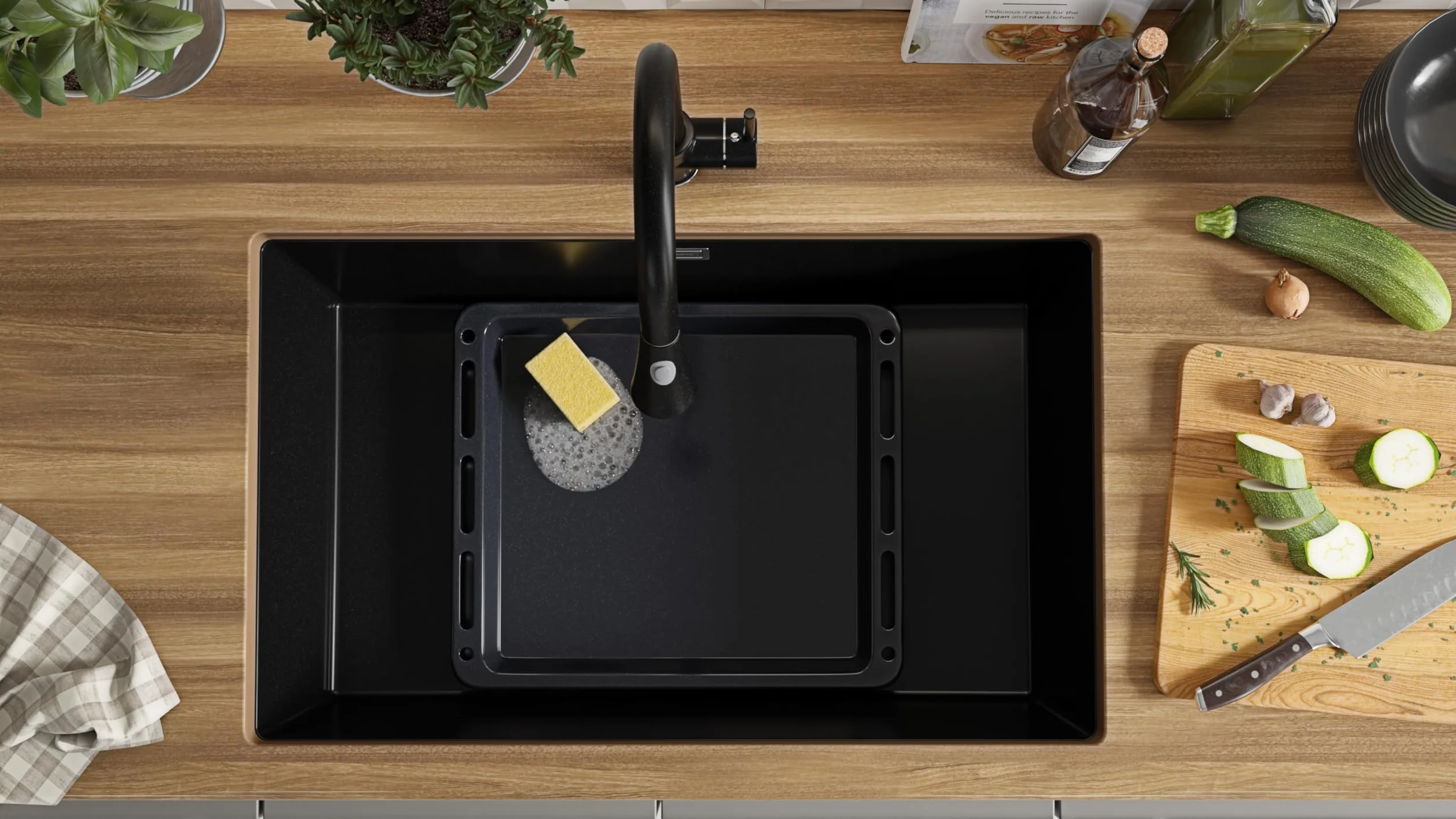 PRIMAGRAN Fregadero bajo Encimera Negro 76x47cm, Cocina 1 Seno + Sifón, Granito al Mueble 80cm - London S477