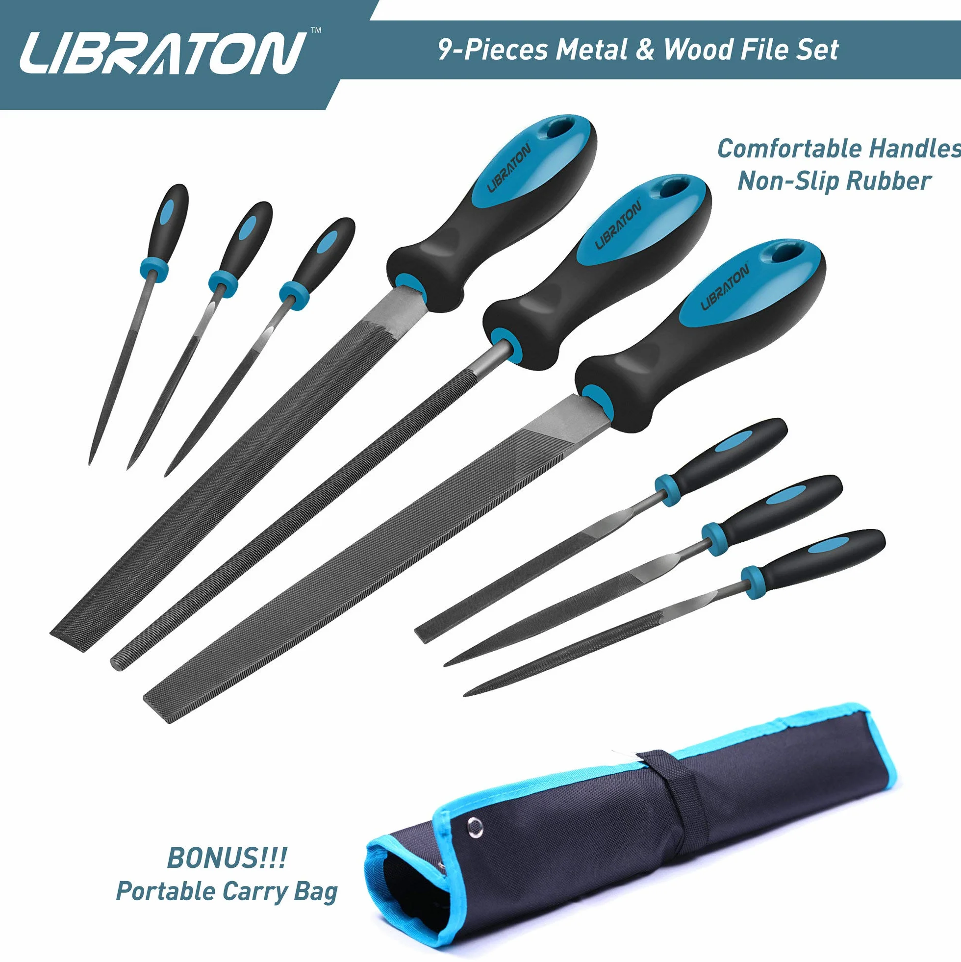 Libraton Juego de limas y escofinas 9pcs, Juego de limas multiusos en acero con alto contenido de carbono incluye lima plana,semirredondas,redondas y 6 Pcs limas de agujas,para metal,madera