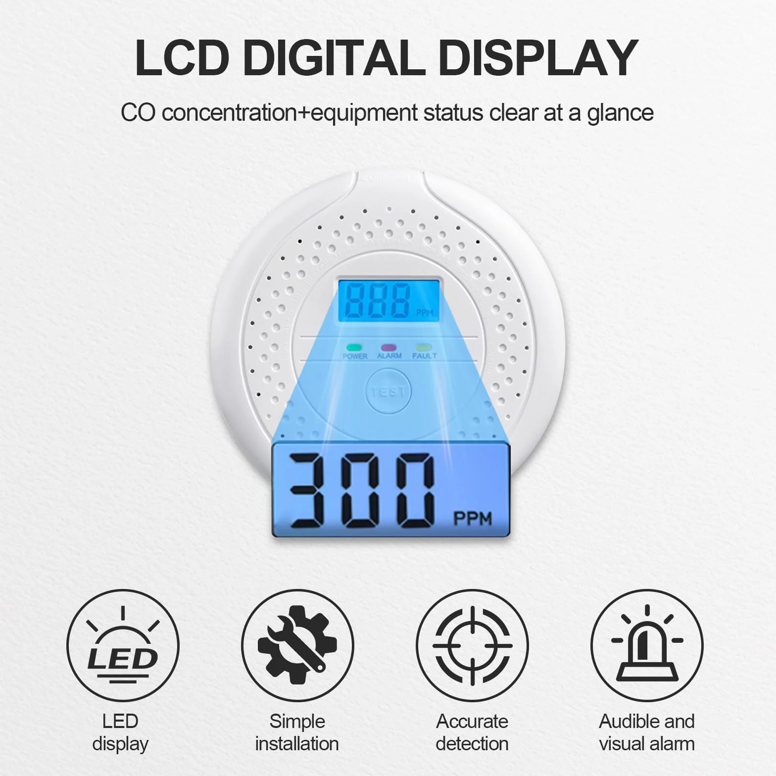 Detector de Monóxido de Carbono, Detector de CO, Pantalla LCD Digital, Alarma de 85 dB, Detector CO con Batería Reemplazable, Portátil para Hogar, Caravana, Viajes