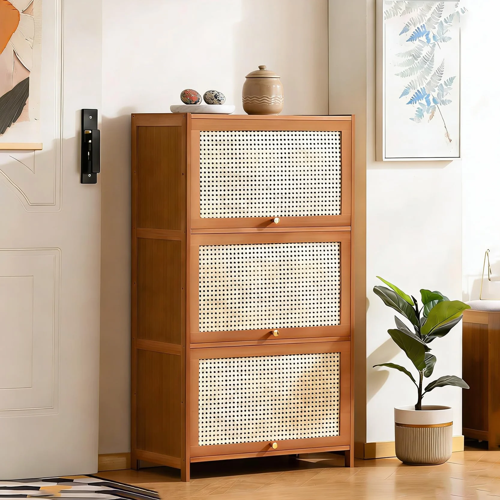 Zapatero Armario 7 Niveles Puertas Ratán 60×106cm Organizador Zapatos Rústico
