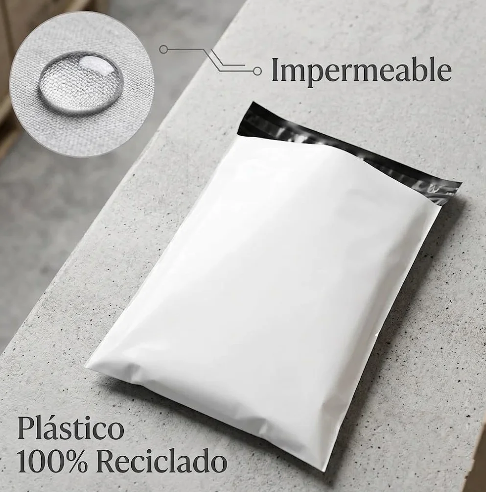 Bolsas para Envíos Autoadhesivos 32x40+5cm 100 Unidades Blancas Impermeables Plástico Reciclado