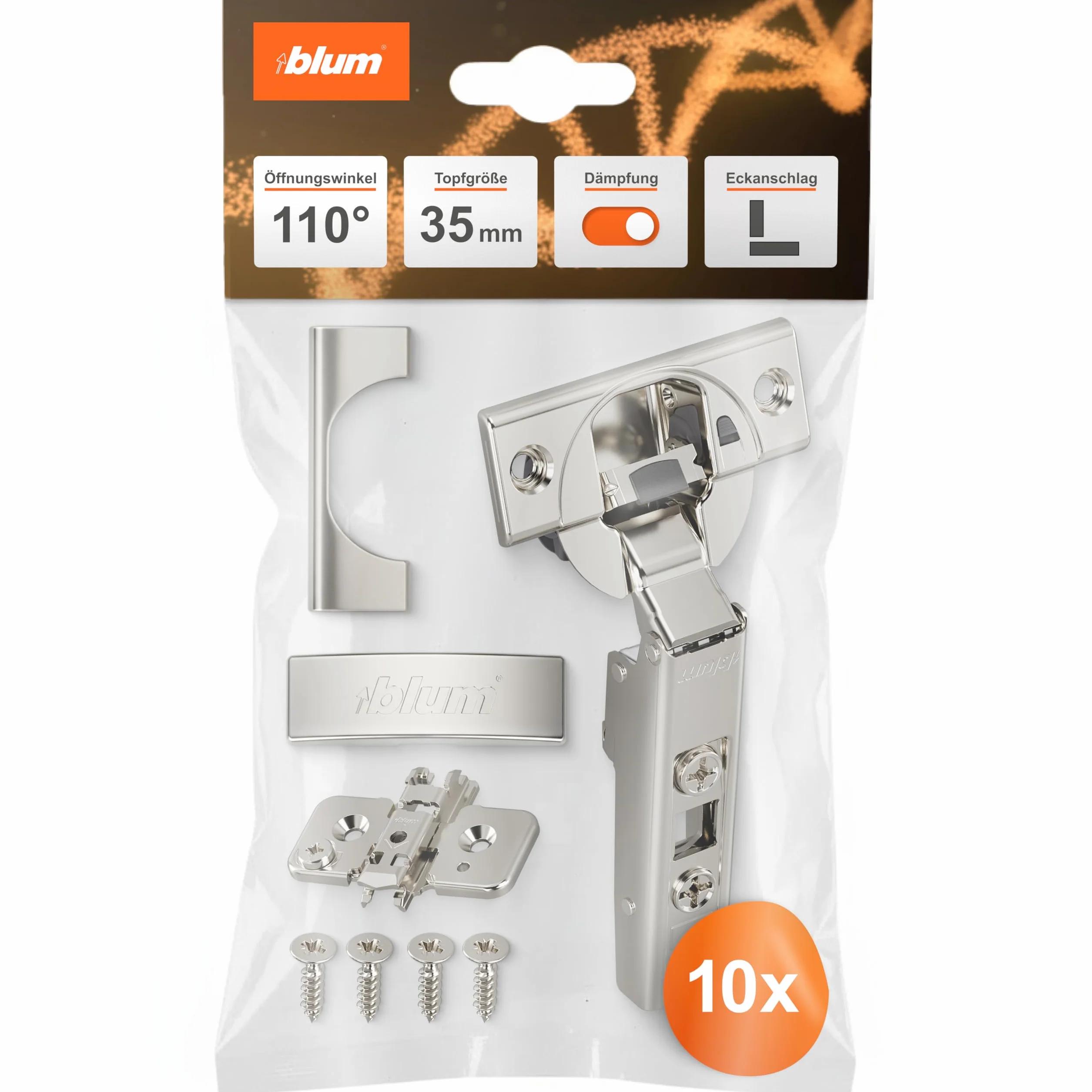 blum 10x bisagra para muebles CLIP top BLUMOTION 110° I bisagra de cazoleta Soft-close 35 mm I base en cruz CLIP montable por separado, distancia 0 mm | ajuste 3D del frente | Niquelado | angular