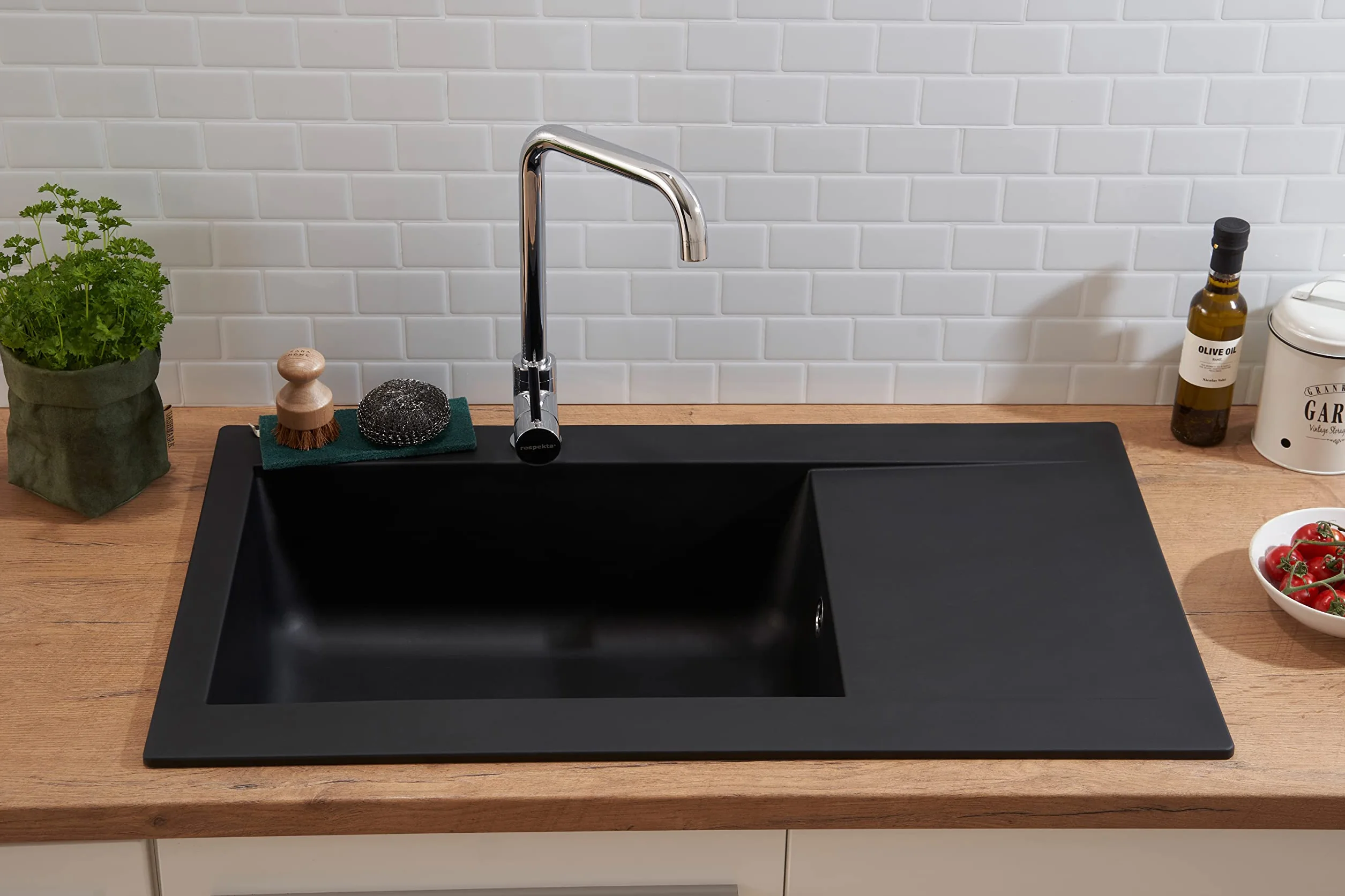 Fregadero empotrado de mineralita 1 cuenca negro, respekta DENVER86X50S, 86 x 50 cm