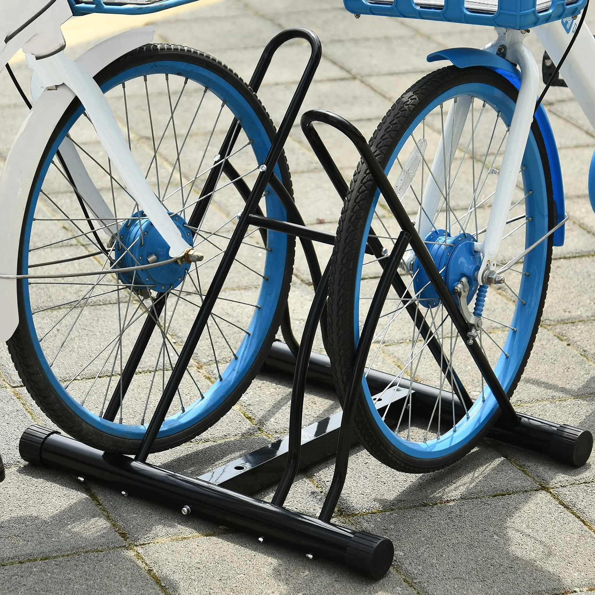 HOMCOM Soporte para Aparcar 2 Bicicletas, Aparcamiento Estacionamiento para Bicis, Inferir 65mm de Ancho, Fácil de Montar, Almohadilla Antideslizante, Interior y Exterior, 60x54x57 cm, Negro