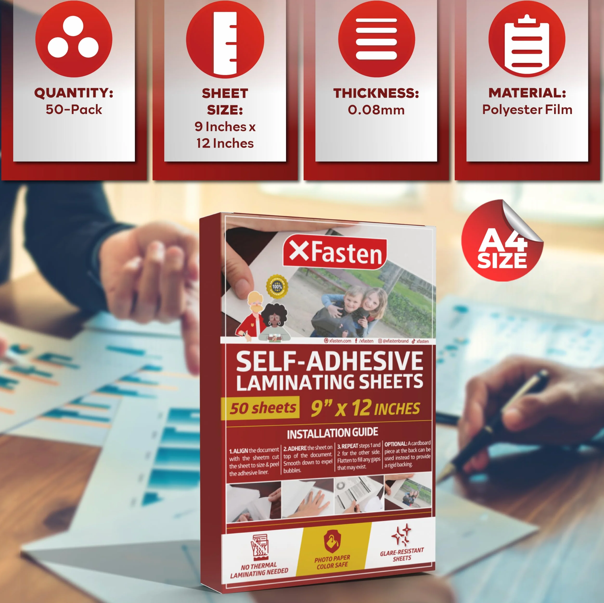 XFasten Láminas de Plastificar Autoadhesivas 9 x 12 Pulgadas Paquete de 50 4.76 de Espesor