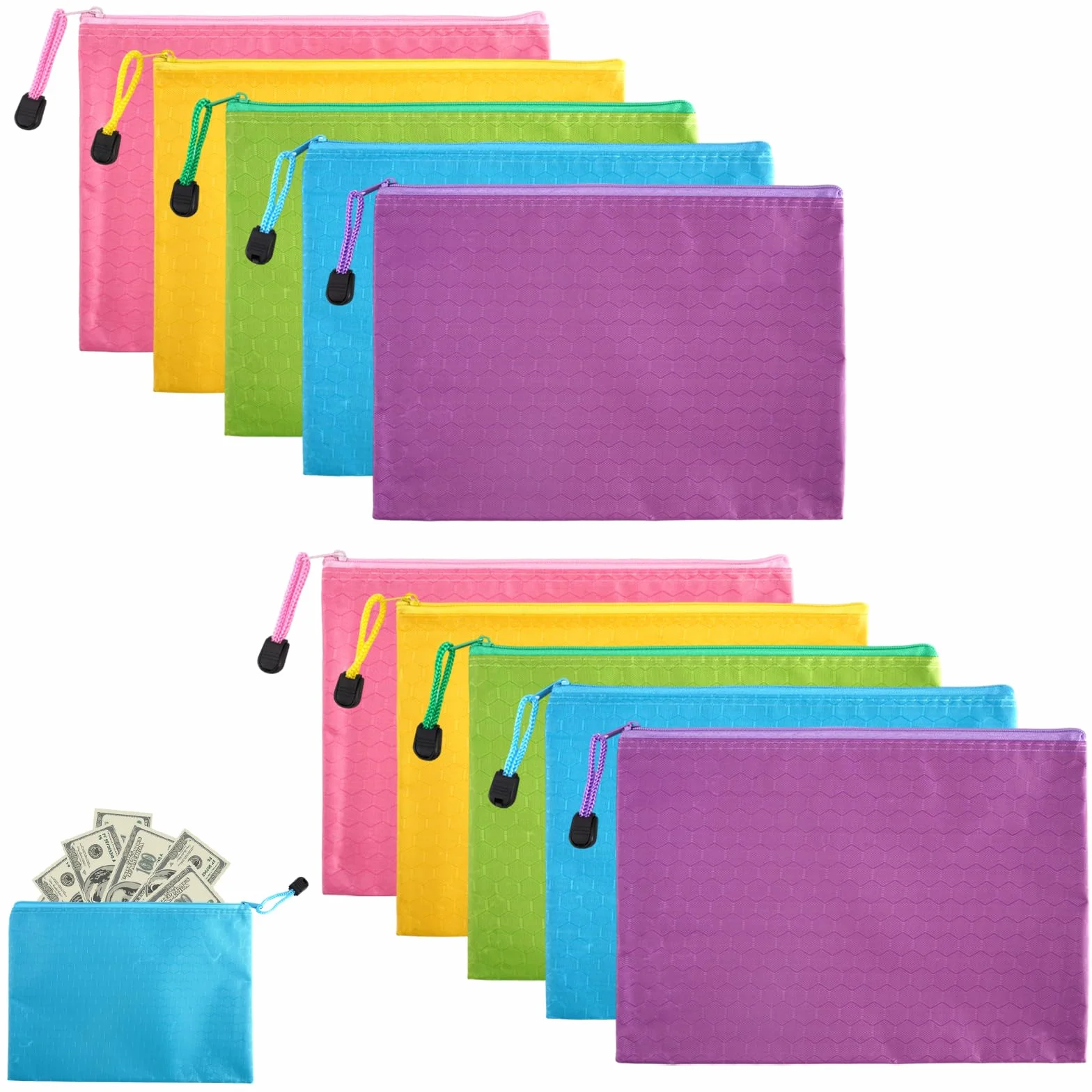 10 Pcs Bolsa Dinero con Cremallera A5 24x18cm-Organiza Billetes y Monedas,Impermeable Bolsas para Guardar Dinero para Viajes, Ahorros o Gastos Diarios Alojamiento para Tarjetas Bancarias y Billetes