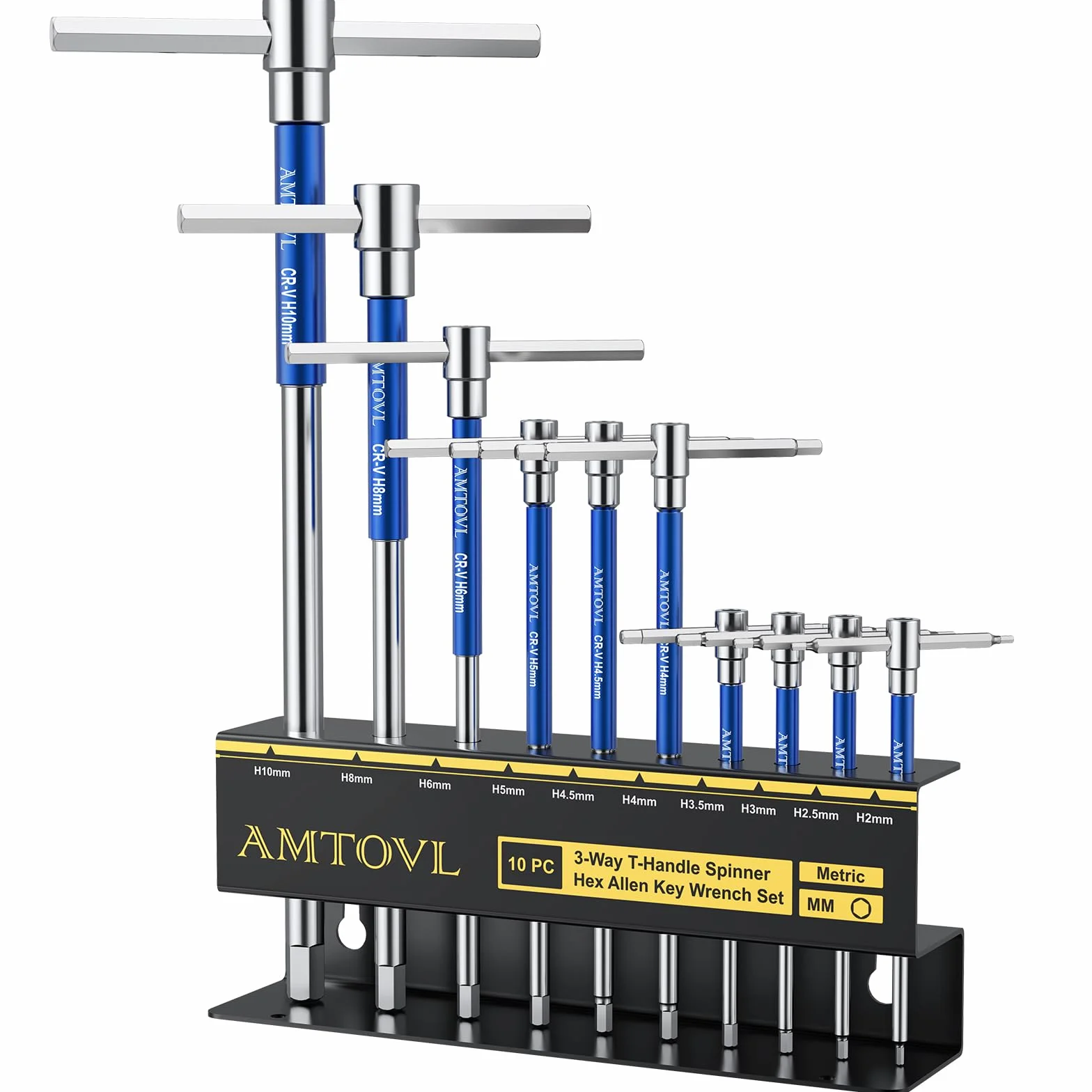 AMTOVL Juego de 10 Llaves Allen Hexagonales con Mango en T,Llaves Allen Métrica on Mango T 2mm-10mm para Mantenimiento de Vehículos,Juego de 10 Piezas con Caja de Almacenamiento