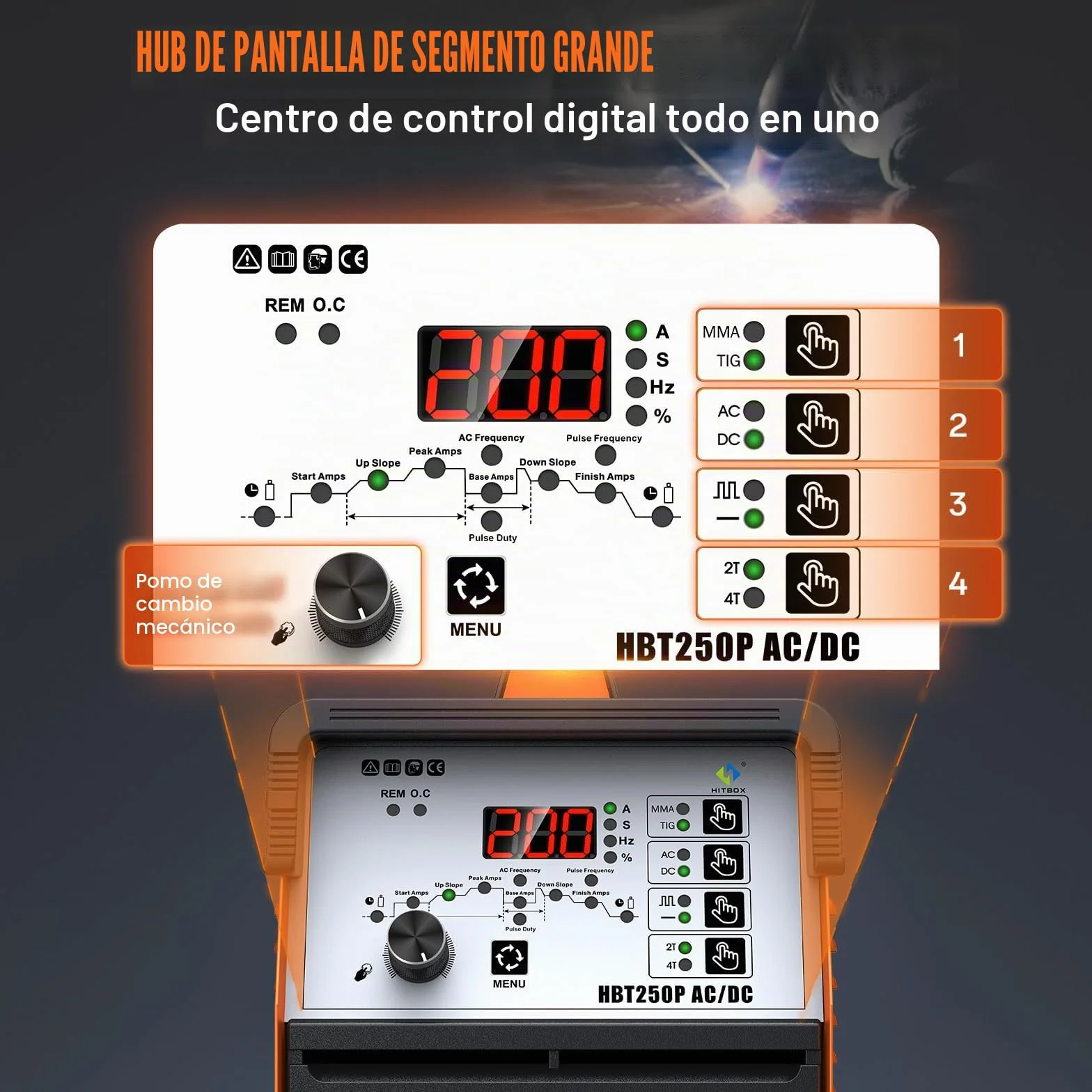 HITBOX Soldadora TIG 6 en 1 AC/DC, 200 A, Función Pulsada, Tecnología Inversor IGBT, Control Digital 2T/4T, Nueva Versión para Aluminio, Acero Inoxidable y Acero (HBT250P AC/DC)