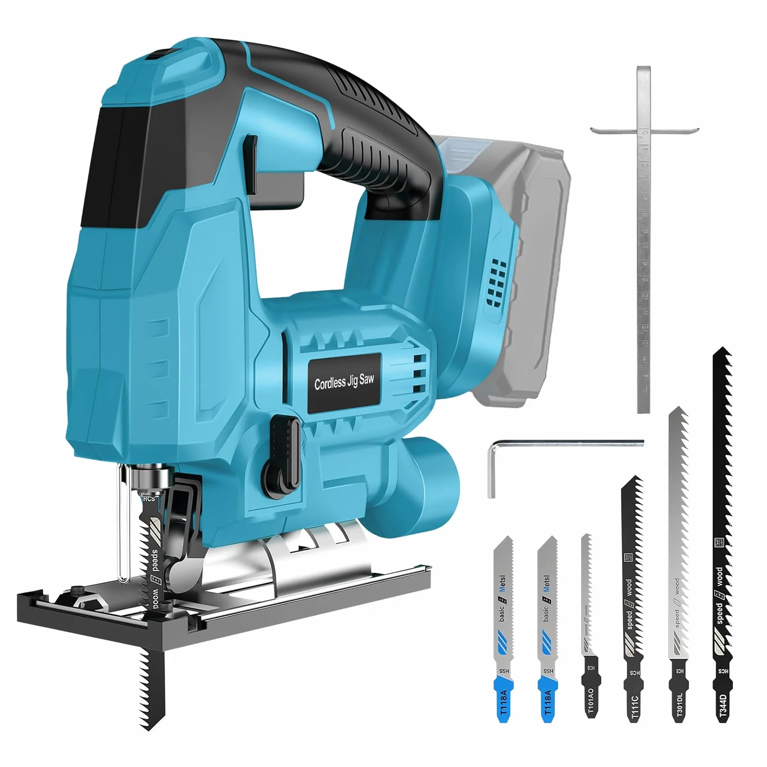 Sierra de calar a batería compatible con Makita 18 V batería (sin pila), sierra de calar eléctrica sin escobillas con 45° bisel, 6 velocidades, 4 orbitales, 6 hojas de sierra (Solo útiles)