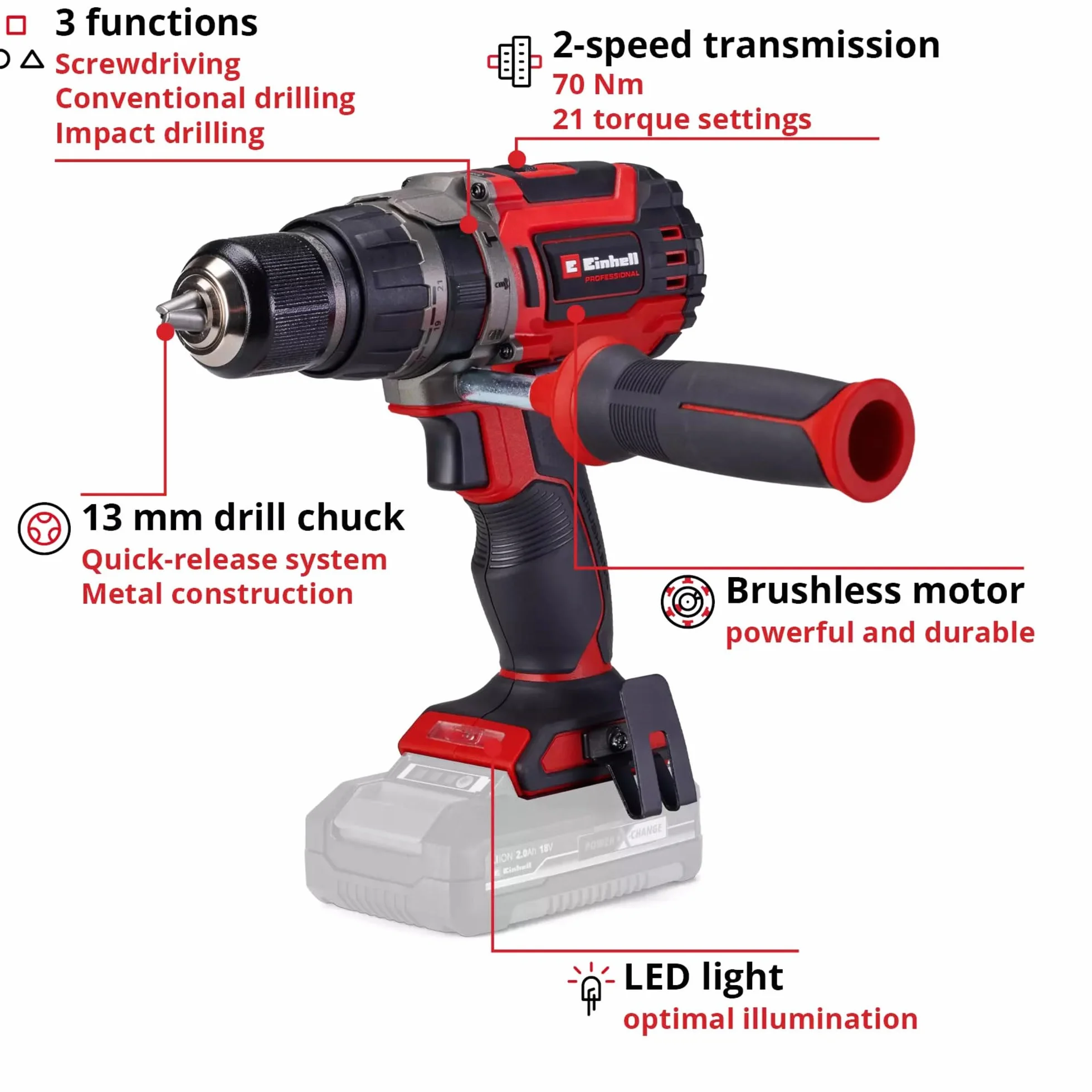Einhell Professional Taladro percutor con batería TP-CD 18/70 Li-i BL-Solo Power X-Change (18 V, sin escobillas, 70 Nm, func. de perfor. por percusión, portabrocas de 13 mm, 2 velocidad, sin batería)