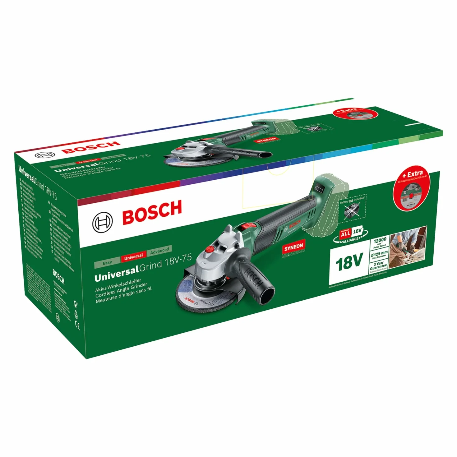 Bosch amoladora pequeña a batería UniversalGrind 18V-75 (para amolar, cortar, cepillar y lijar varios materiales; sistema de 18 voltios; 115mm y 125mm diámetro; sin batería) - Edición para Amazon