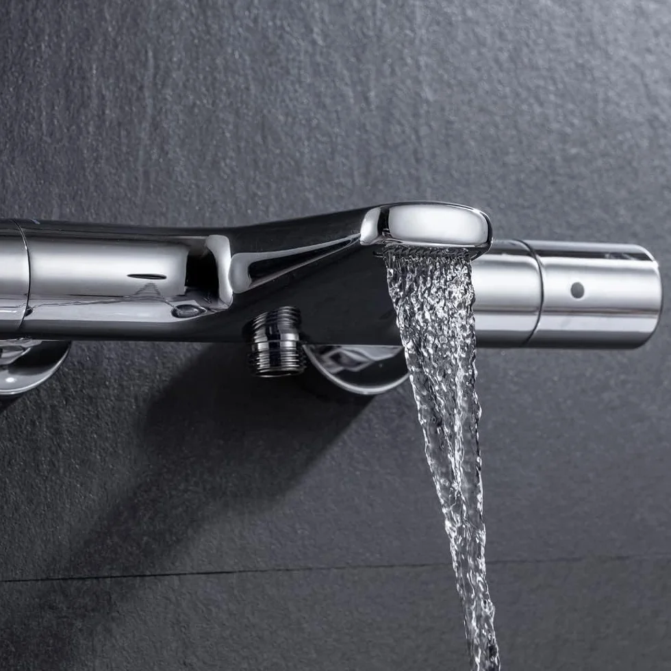 ONECE Grifo de Ducha Cascada, 38°C Grifería Termostática para Bañera y Ducha, Mezclador para Bañera de Latón, con Botón de Seguridad, Doble salida de agua, Cromo