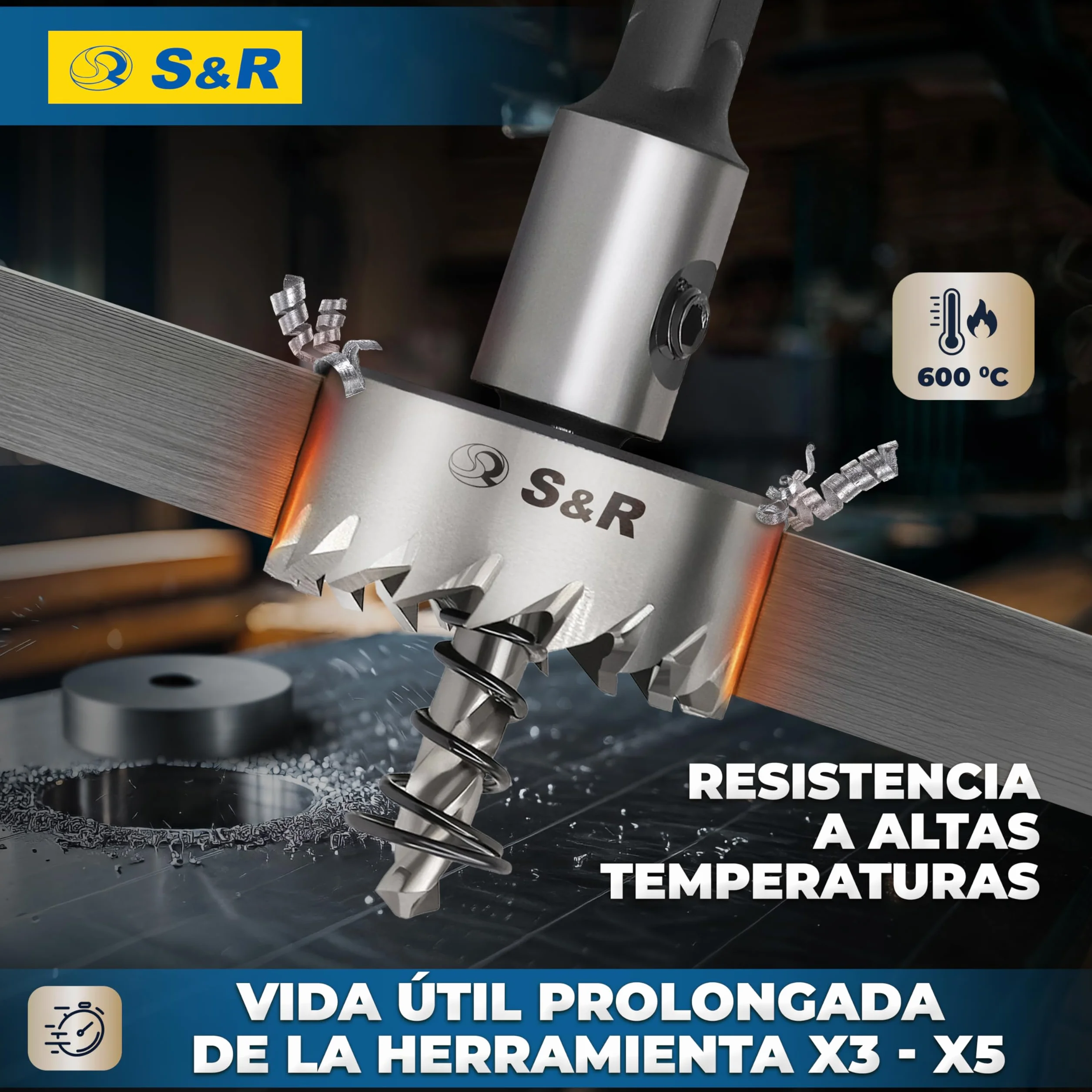 S&R Brocas Sierra Coronas Perforadora Metal. - Juego de 5 Fresas a Taza: 16 + 18,5 + 20 + 25 + 30 mm HSS Cobalto 5% - HRC 64-66