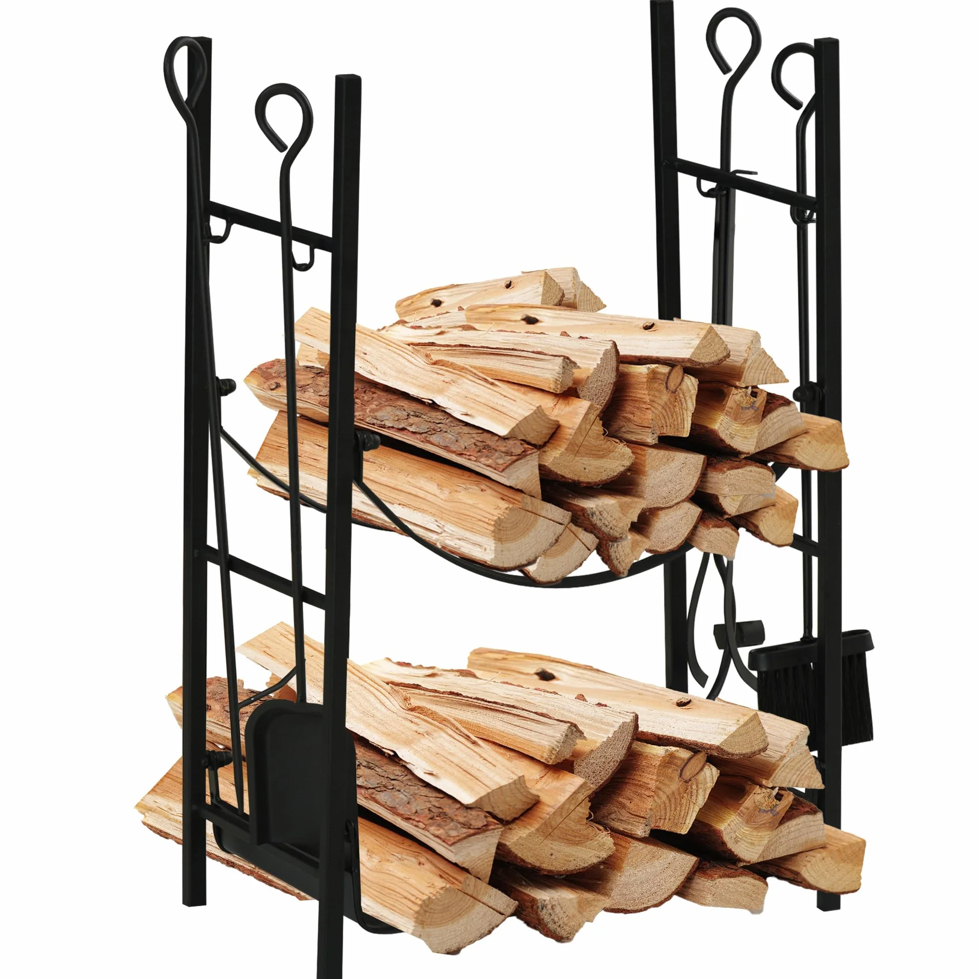 Outsunny Estante de Leña para Chimenea 44,5x29,5x73 cm Soporte para Leña de 2 Niveles Leñero Exterior e Interior Metálico con 4 Herramientas Carga Máx. 70 kg Negro