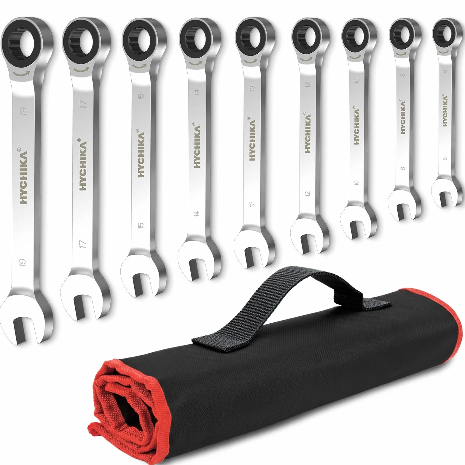 HYCHIKA Llaves Fijas 9Pcs, Llaves Fijas con Carraca 6-19mm con Bolsa de Almacenamiento, Juego de llaves, llaves Combinadas, Engranaje de Trinquete de 72 Dientes