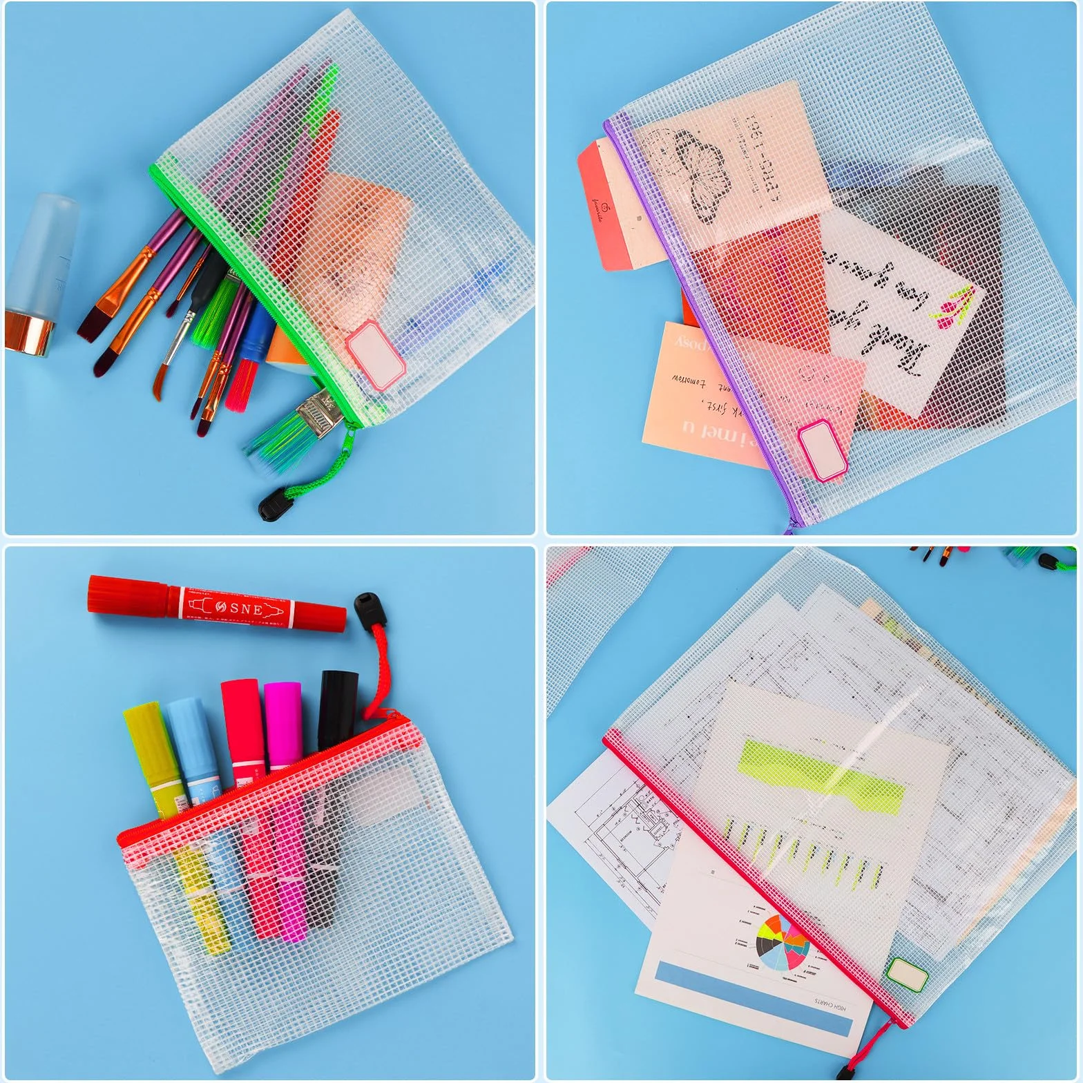 Bolsas para documentos impermeables con pegatinas, bolsas de malla con cremallera, multicolor, 8 tamaños